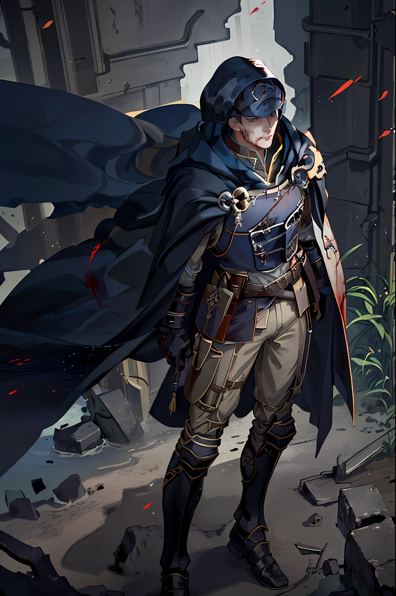 (((((1 man))))),(Tentacles wrapped around thighs)(非常详细的 CG 统一 8k 壁纸),(masterpaintings),(Best Quority:1.2),(A high resolution),(illustration:1.1),(Movie Lamp:1.1),filigree,Complicated details,(best illustrations),8k解像度, Complicated details, the best quality, of a real, an ultra detailed, The best lighting, The best shadow, ultra high def, cryengine, ultra high def, (Detailed reflections), detailed shadow, (((Complicated details))), Smooth, ((perfect shadow)), High quality metal texture, metallic shine, highlydetailedillustrations, (semi realistic:1.6), (wide_Shot:1.2), (From below, dutchangle_angled), Dutch angle, (Landscape view), (midriff), (great composition:1.0), (Face to below the knee:1.3), ((darkly)), (1 persons:1.5), (holdingsword), (((Knight male))), ((Masculinity:1.5)), ((half closed eyes)), (With gray eyes), very vey very detailed face, (((Smooth short hair:1.1))), ((Black armor)), cloaks,Shoulder armor,,clothes flapping with wind,(urban_tech wear + Black_mitts), (hoodup), , , (, (((Wearing a tattered black cloak with rich details))), (Tall and strong physique), , Dynamic pose,,Epoachy atmosphere,sophisticated background,Dynamic lens angle,Blood rain behind it,(warzone),(((High quality Gothic ruins))),(depth of field),((cinematiclight)),(( Dark fantasy:1.5)), lovecraftian, spot color, monotone, Red, Splashing blood, (Best illumination), (hyper intricate details), ((Ultra-detailed)), 4k unity, (extremely details CG:1.2), ( 8K:1.1), art stations, ((author:donato giancola, author:wenjun lin, author:Stefan Morrell)), dystopian art, apocalypse art, ((semi - realism)), (realisitic), (dyna)