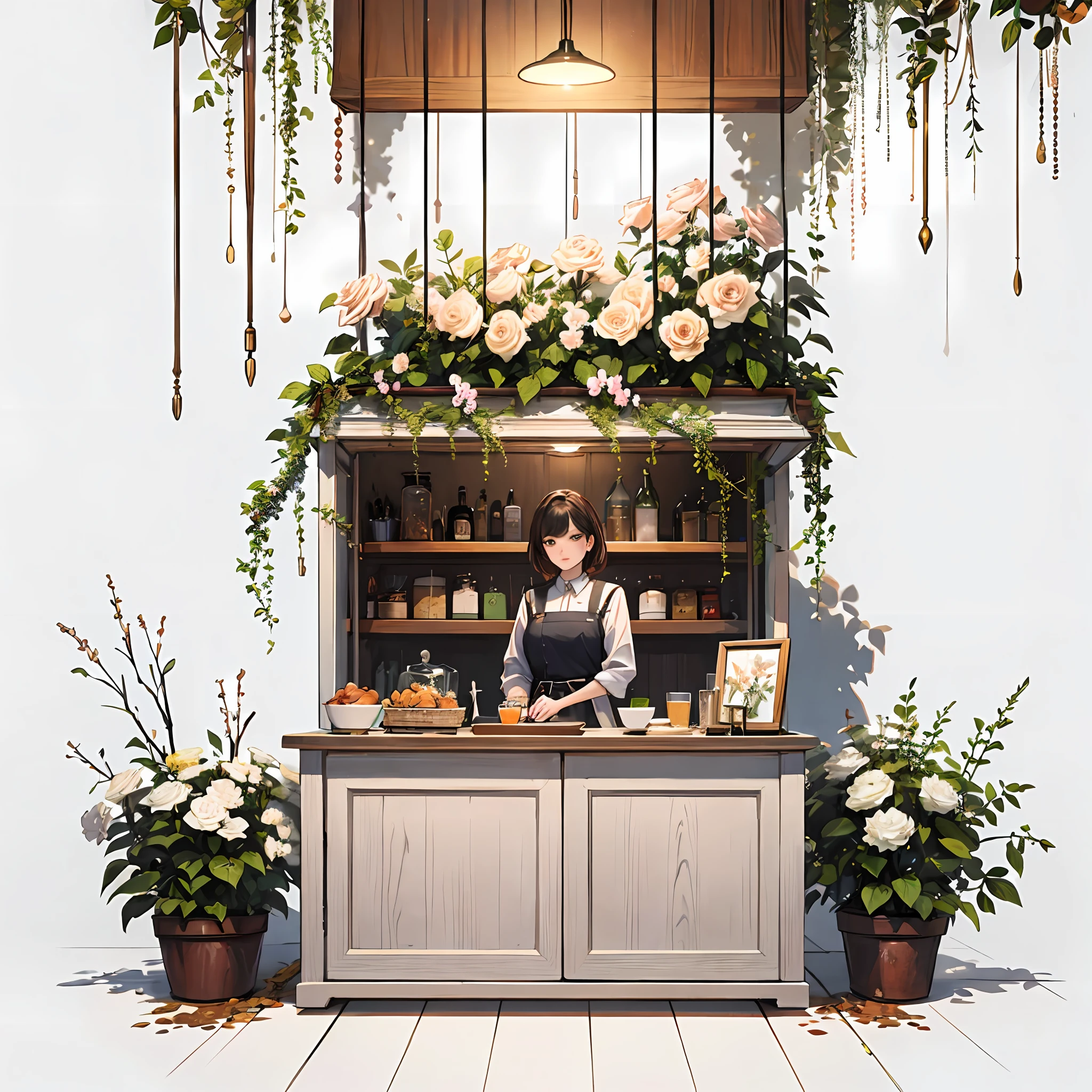 microcosm,White background,Booth architecture,1 lovely woman standing behind the stall cabinet、Sell something,Trees and flowers decorated,Booth cabinets,delicacies,Clear facial features,masterpaintings,Best Quority,ultra-high-resolution