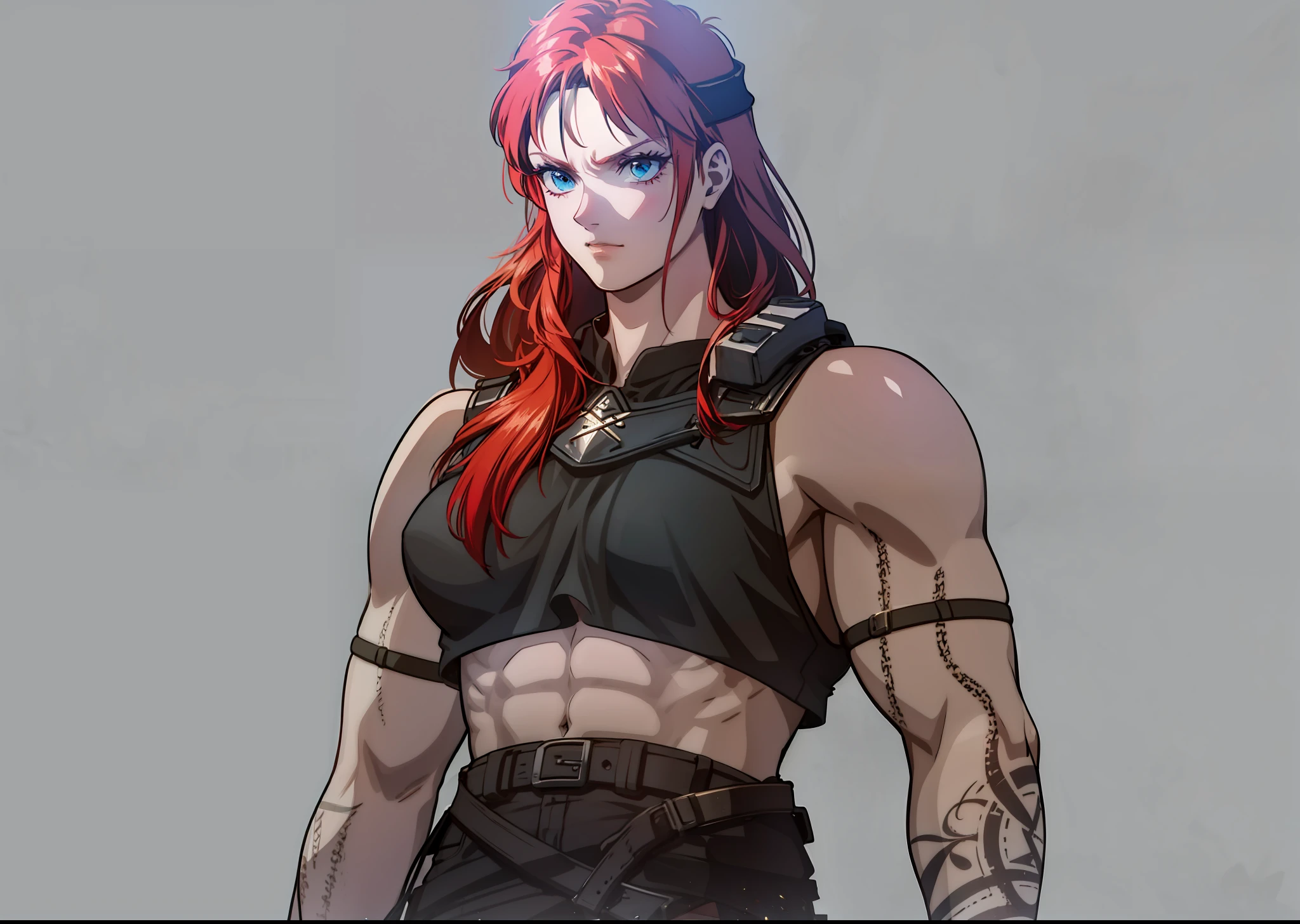 Boadicea, red-haired Viking warrior with Nordic armor and rune tattoos on her body and blooming blue eyes holding an axe, 4k