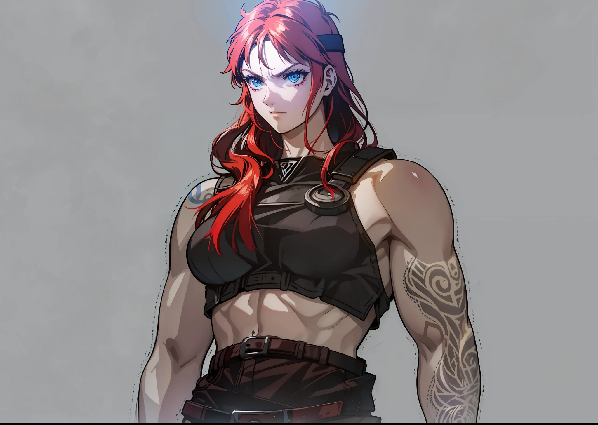 Boadicea, red-haired Viking warrior with Nordic armor and rune tattoos on her body and blooming blue eyes holding an axe, 4k