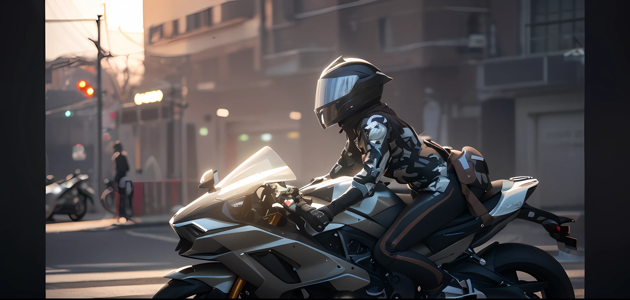 Science fiction world background,Future motorcycles,(1mechanical girl:1.5),all body,solo,Clear mechanical body,Wear a motorcycle helmet,Wearing white mechanical armor,3d,cyberpunk art,Cyber Armor,(Mechanical joints:1.2),(Mechanical limbs:1.1),(The blood vessels are connected to the tube),(The mechanical vertebrae are attached to the back),(The mechanical neck is attached to the neck),Armored lights,Mecha head mirror,(Glowing arm:1.5), colored,hdr,Ray Traced,NVIDIA RTX,Super-Resolution,Unreal 5,sub-surface Scattering,PBR textures,Anisotropic filtration,Depth-Of-Field,Maximum clarity and sharpness,trichotomy,16k Raw,(Luminescent Particles:1.4),Extremely detailed CG,Film Lighting,Lens flare,Lifelike,highly-detailed,The overall picture is extremely delicate and beautiful, cinematic light, (Lifelike:1.5), (Dark background:1.5), dynamicangle, Jeizuo, best qality, Ultra detail, detailedlight, Dramatic_shadow, Extra details, Best performance,(NSFW:0.5)