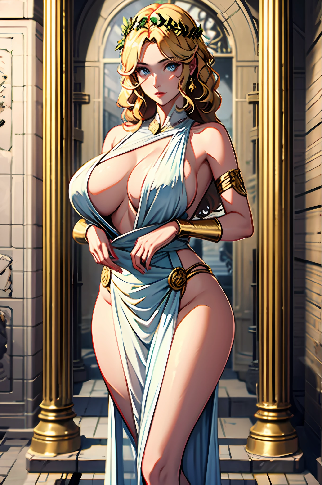 1girl huge large breasts,Greek goddess，Vi delicate and beautiful face,Golden hair，Various hairstyles，Garland crown，voluptuous breasts，Convex buttocks，greek clothes，Tulle covers the breasts，perfectly proportioned, Detailed clothing details,Temple，marble，god statue，World Tree，Cinematic lighting, filmgrain, Fujicolor, lightand shade contrast, 8K, 巨作, Textured skin, Super detail, High Details, High quality, A high resolution,