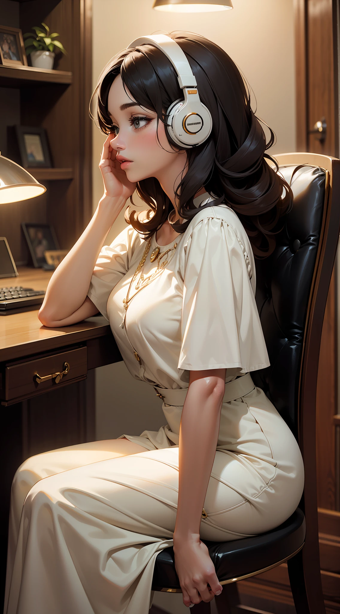(Masterpiece, melhor qualidade: 1.4), ultra-detalhado, luz suave, luz noturna, natural lighting, Cinematic light, filmic grain, (profundidade de campo), (1Feminino, Background: 1.4), (brasileiro), ((pele negra)), (corpo inteiro), mulher madura, Forma feminina perfeita, (rosto perfeito, Rosto detalhado, Glowy Lips, delineador), (curly hair), (vestir), (mixtape: 1.4), (headphones on head), (sentado em uma cadeira), (em perfil)