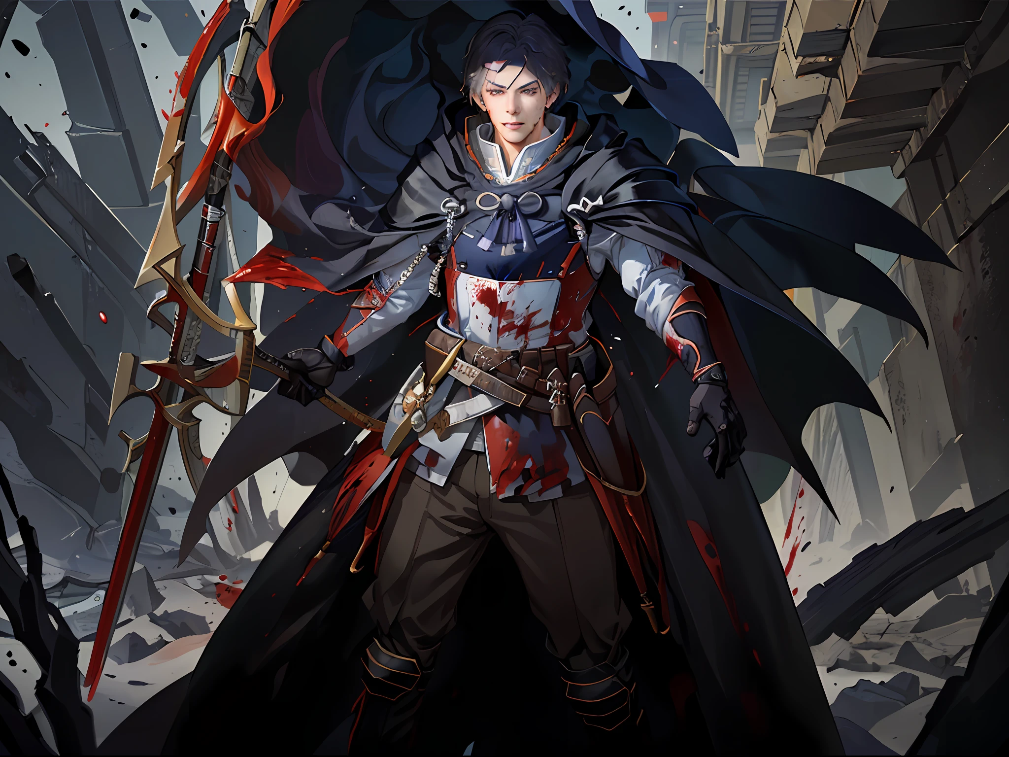 (((((1 man))))),(非常详细的 CG 统一 8k 壁纸),(masterpaintings),(Best Quority:1.2),(A high resolution),(illustration:1.1),(filmlight:1.1),filigree,Complicated details,(best illustrations),8k解像度, Complicated details, the best quality, of a real, an ultra detailed, The best lighting, The best shadow, ultra high def, cryengine, ultra high def, (Detailed reflections), detailed shadow, (((Complicated details))), Smooth, ((perfect shadow)), High quality metal texture, metallic shine, highlydetailedillustrations, (semi realistic:1.6), (wide_Shot:1.2), (From below, dutchangle_angled), Dutch angle, (Landscape view), (midriff), (great composition:1.0), (Face to below the knee:1.3), ((darkly)), (1 persons:1.5), (holdingsword), (((Knight male))), ((Masculinity:1.5)), ((half closed eyes)), (With gray eyes), very vey very detailed face, (((Smooth short hair:1.1))), ((Black armor)), cloaks,Shoulder armor,,clothes flapping with wind,(urban_tech wear + Black_mitts), (hoodup), , , (, (((Wearing a tattered black cloak with rich details))), (Tall and strong physique), , Dynamic pose,,Epoachy atmosphere,sophisticated background,Dynamic lens angle,Blood rain behind it,(warzone),(((High quality Gothic ruins))),(depth of field),((cinematiclight)),(( Dark fantasy:1.5)), lovecraftian, spot color, monotone, Red, Splashing blood, (Best illumination), (hyper intricate details), ((Ultra-detailed)), 4k unity, (extremely details CG:1.2), ( 8K:1.1), art stations, ((author:donato giancola, author:wenjun lin, author:Stefan Morrell)), dystopian art, apocalypse art, ((semi - realism)), (realisitic), (dyna)