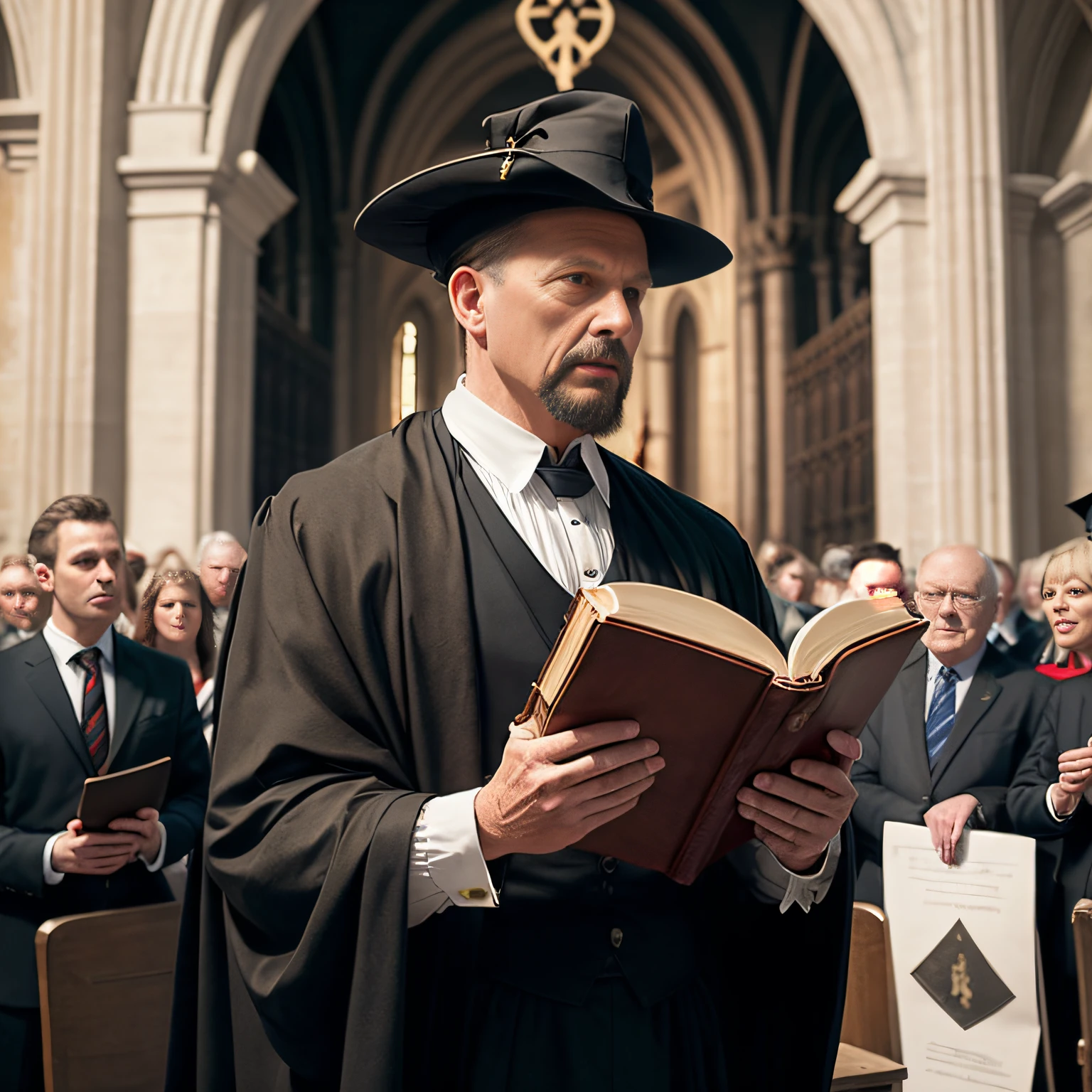 A puritan man, academic, intelligent, bright, dressed sober clothes, black clothing, black toga, black hat, Bible in hands, preaching, high-definition, realistic image, in Westminster Abbey in 16th-century London.