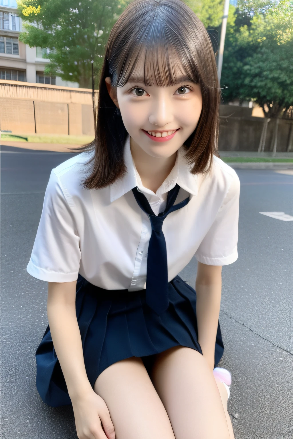 (Raw photo, Best Quality), (Realistic, photoreallistic:1.3), Maste Piece, extreamly delicate and beautiful, Extremely detailed, amazing, finely detail, Light Smile, very detailed CG Unity 8K wallpapers, huge filesize, Ultra-detailed, A high resolution, Delicate and beautiful schoolgirl、Sheer white shirt、Navy blue ribbon at the collar、Dark blue pleated micro mini、Pink lingerie、sexy、a smile、Peek at the viewer、Beautiful graphics、Bright school building with strong sunlight、body complet、sitted、crouching、Show me your plump panties、White Sox、(A low-angle、)、