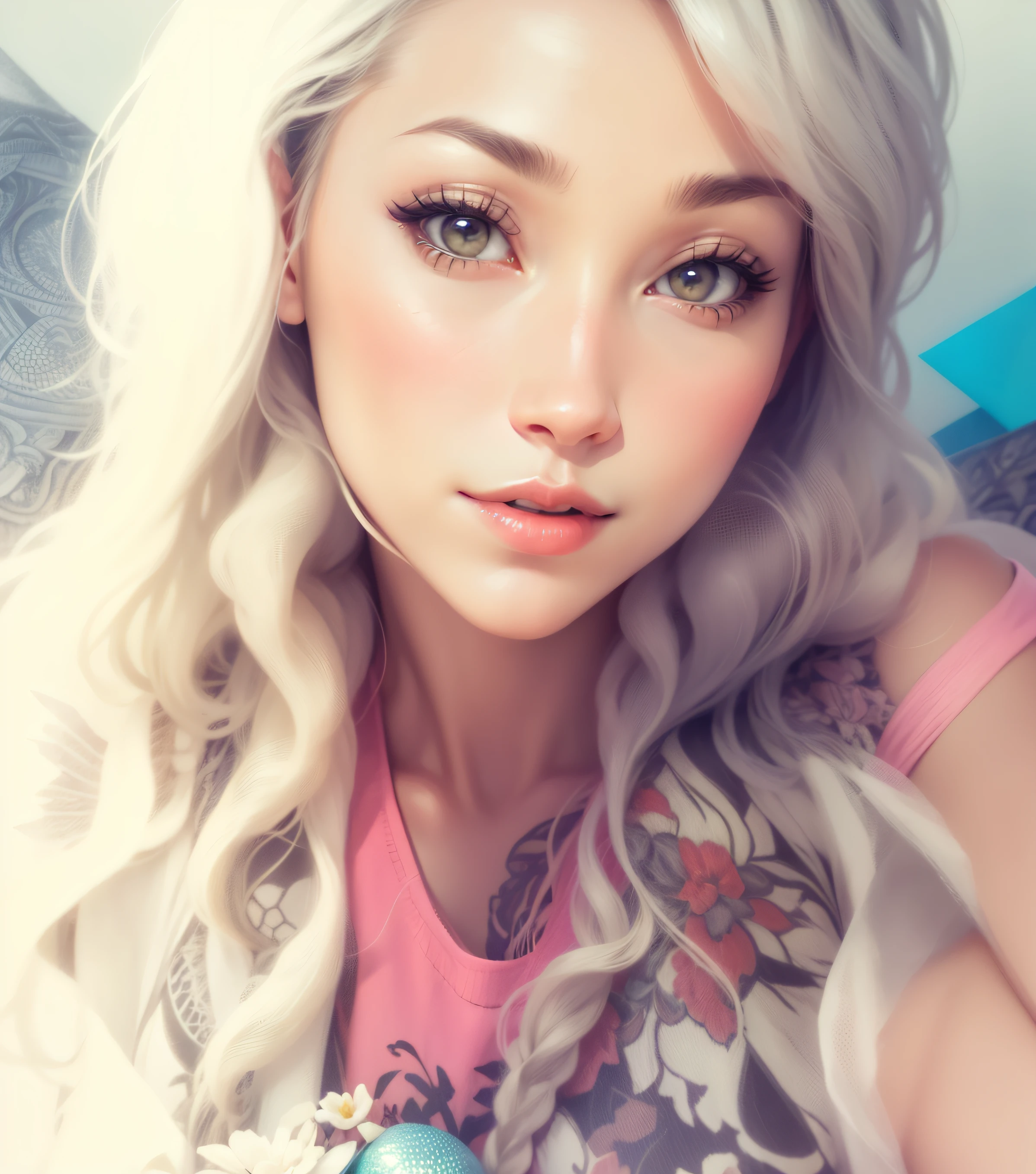 absurd, highres, ultra detailed, (ultra-detailed background, detailed background), extremely detailed, adult warrior woman, 35 years old, with dragon wings on her back, white and black hair, bouquet of flowers, (zentangle:1.2), (geometric:1.2), colorful, full body, sexy pose, short clothes, dragon tattoo, stars, tiny thong, almost naked, muscular, perfect body