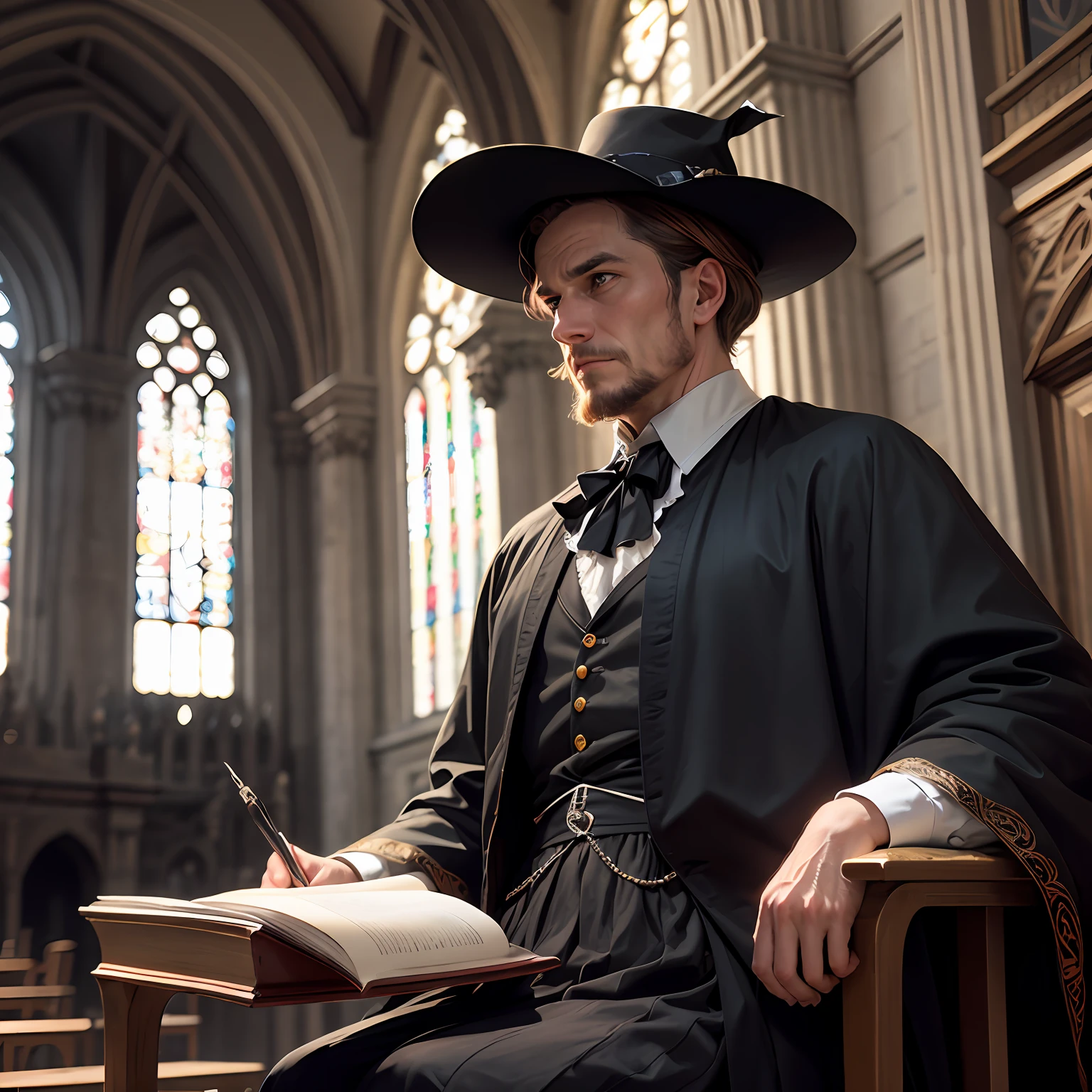 A puritan man, Scotland, academic, intelligent, bright, dressed sober clothes, black clothing, black toga, black hat, high-definition, realistic image, in Westminster Abbey in 16th-century London. --auto