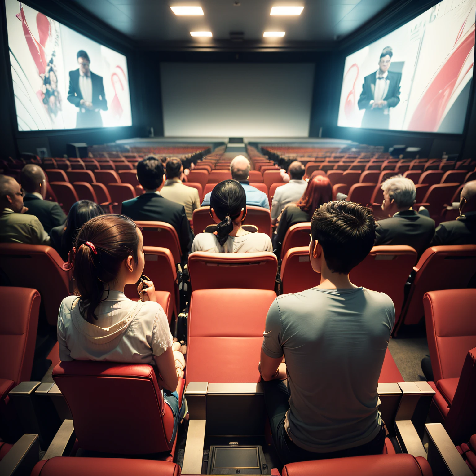 Men, man asian;women and children in the cinema,Sit in a red seat,Eat popcorn and watch a movie,Many people sit in the cinema and watch movies, sitting in a movie theater, in a cinema, cinema, cinematic movie image, cinematic movie scene, award-winning cinema, photo of the cinema screen, Movie,Look down from the back of the view,Several men raised their hands and cheered,Broad cinematic vision CG --auto