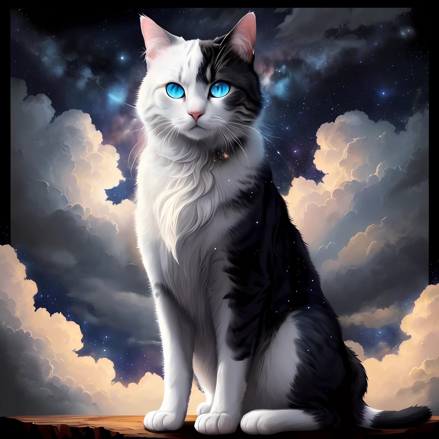 ((high quality, masterpiece: 1.4)), 1 cat, ((black and white fur, blue eyes, dreamy, beautiful appearance, perfect proportion)), ((midnigth, starry sky background: 1.2, majestic clouds )), optimal lighting, ridiculous, high detail, intricate, sharp focus, screen space reflections, RTX, edge lighting, rim light, rimlighting, best lighting