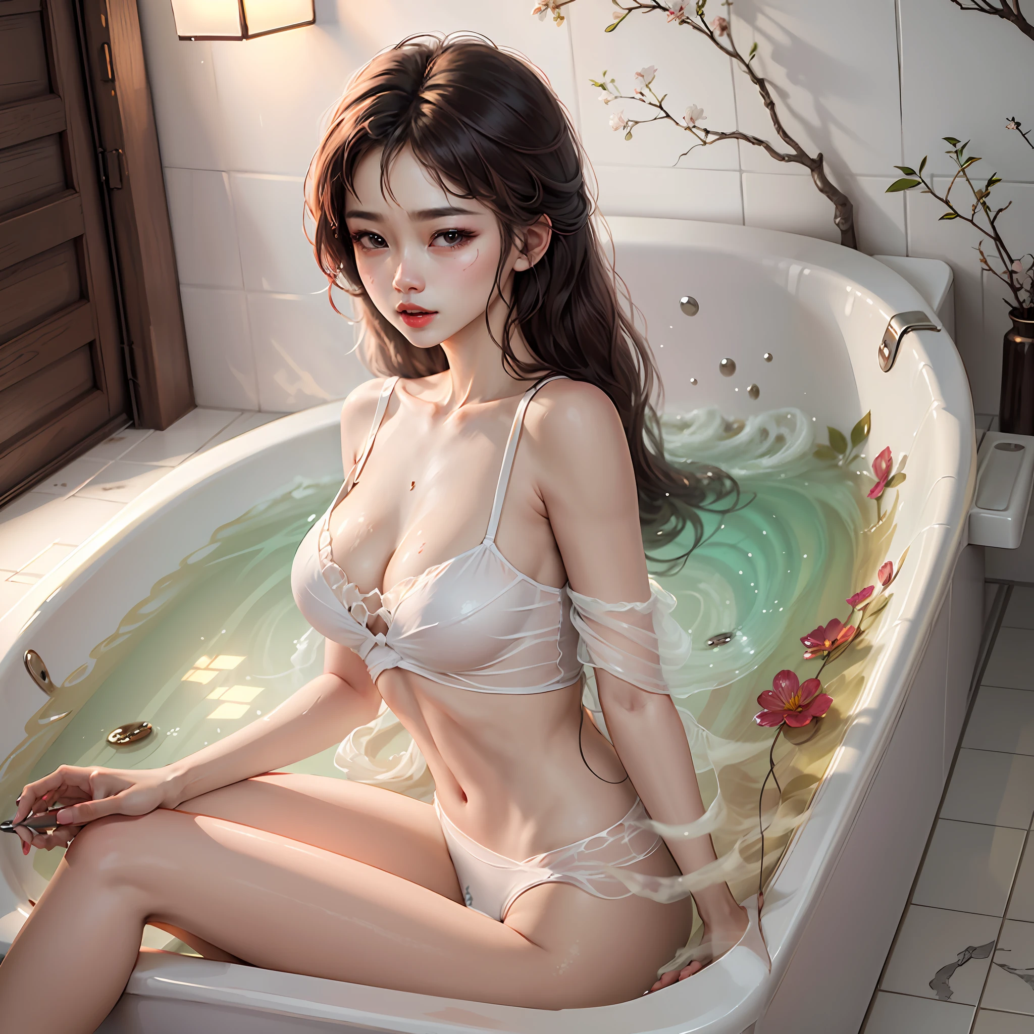 a beautifulchi girl，cool，droolng，Confused eyes，White body，full breast，比基尼，bathtub