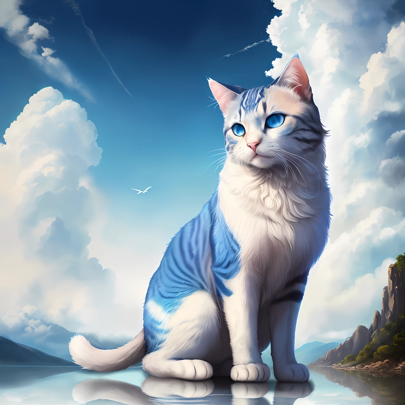 ((high quality, masterpiece: 1.4)), 1 cat, ((blue fur, blue eyes, dreamy, beautiful appearance, perfect proportion, full body)), ((noon, sky background: 1.2, majestic clouds )), optimal lighting, ridiculous, high detail, intricate, sharp focus, screen space reflections, RTX, edge lit, edge lit