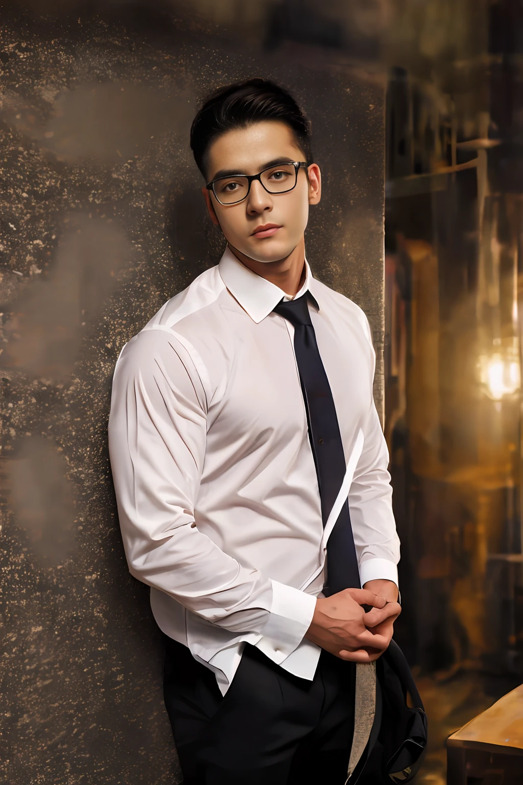 1man, big bump, Stubble,
a 30 year old muscular male wearing glasses, long-sleeve white shirt and tie, wearing leather shoes,
Full body, Soft lighting,
masterpiece, Best quality, 8K UHD, Digital SLR, filmgrain, Fujifilm XT3 photorealistic painting art