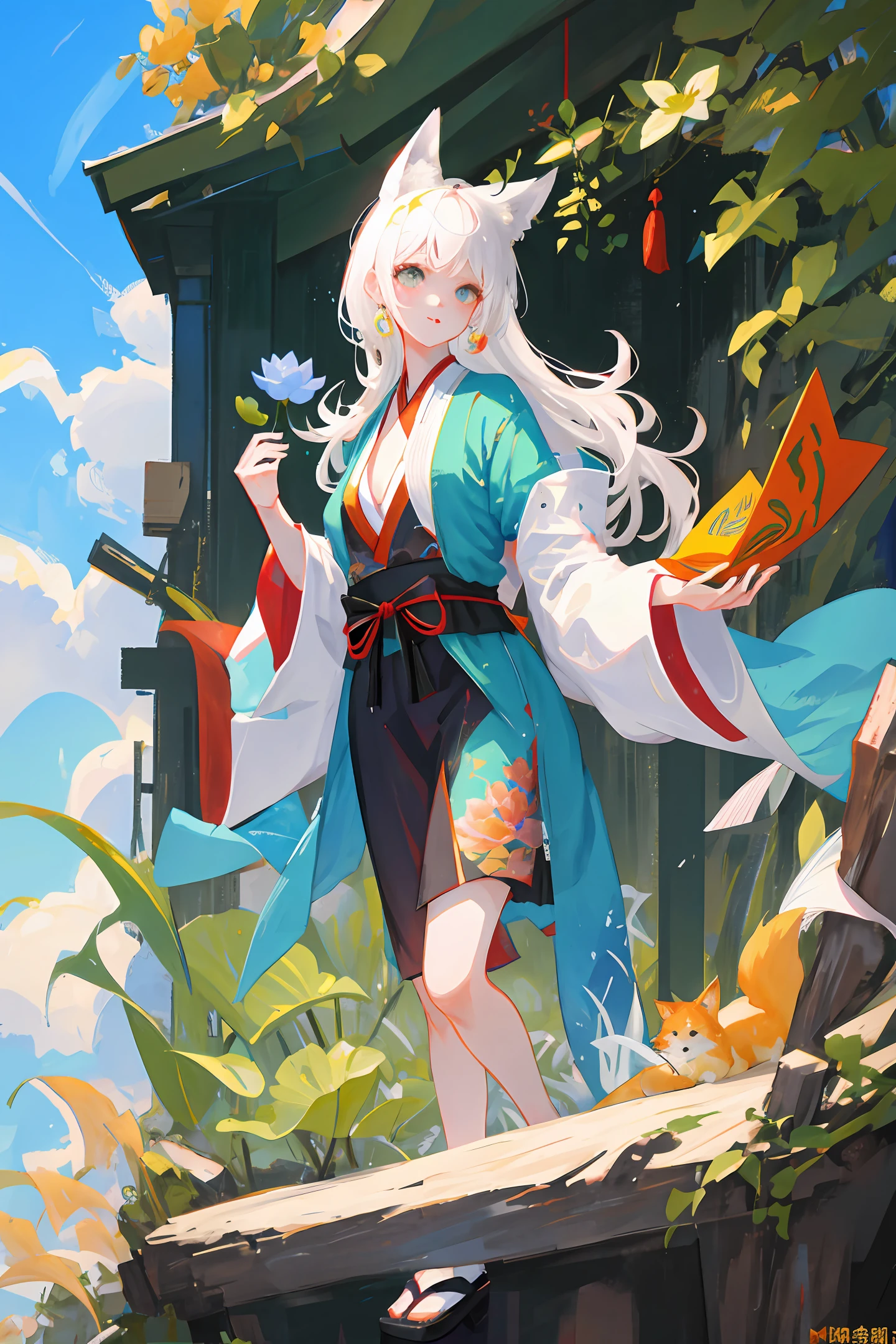 ((4k,masterpiece,best quality)), shuimobysim, Chinese painting, lotus, hanfu, maxiskit, dressed conservative 1 girl, solo, white hair, long hair, fox ears, white, bikini, fish, many fish close to the girl, looking at the audience, teasing