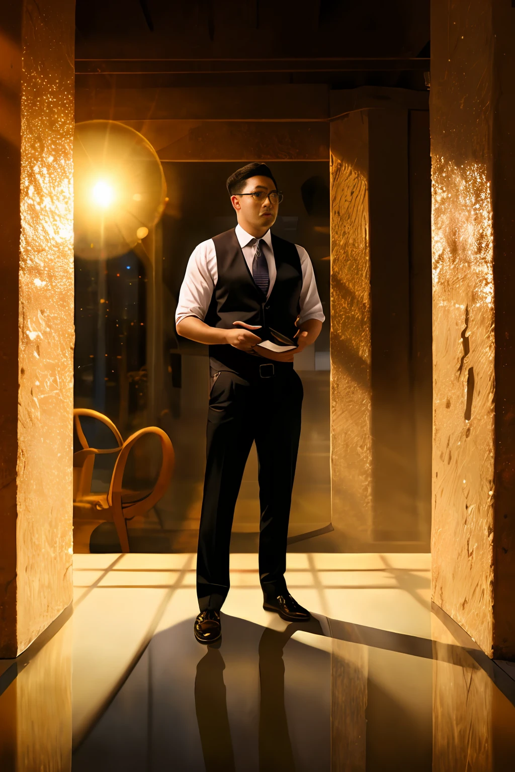 1 oriental man, big bump, stubble,
A muscular 30-year-old man in glasses, a reflective long-sleeved white shirt and tie, leather shoes,
Complete body, soft lighting,
Masterpiece, Best Quality, 8K UHD, DSLR, Film Grain, Fuji XT3 Photorealistic Painting Art
