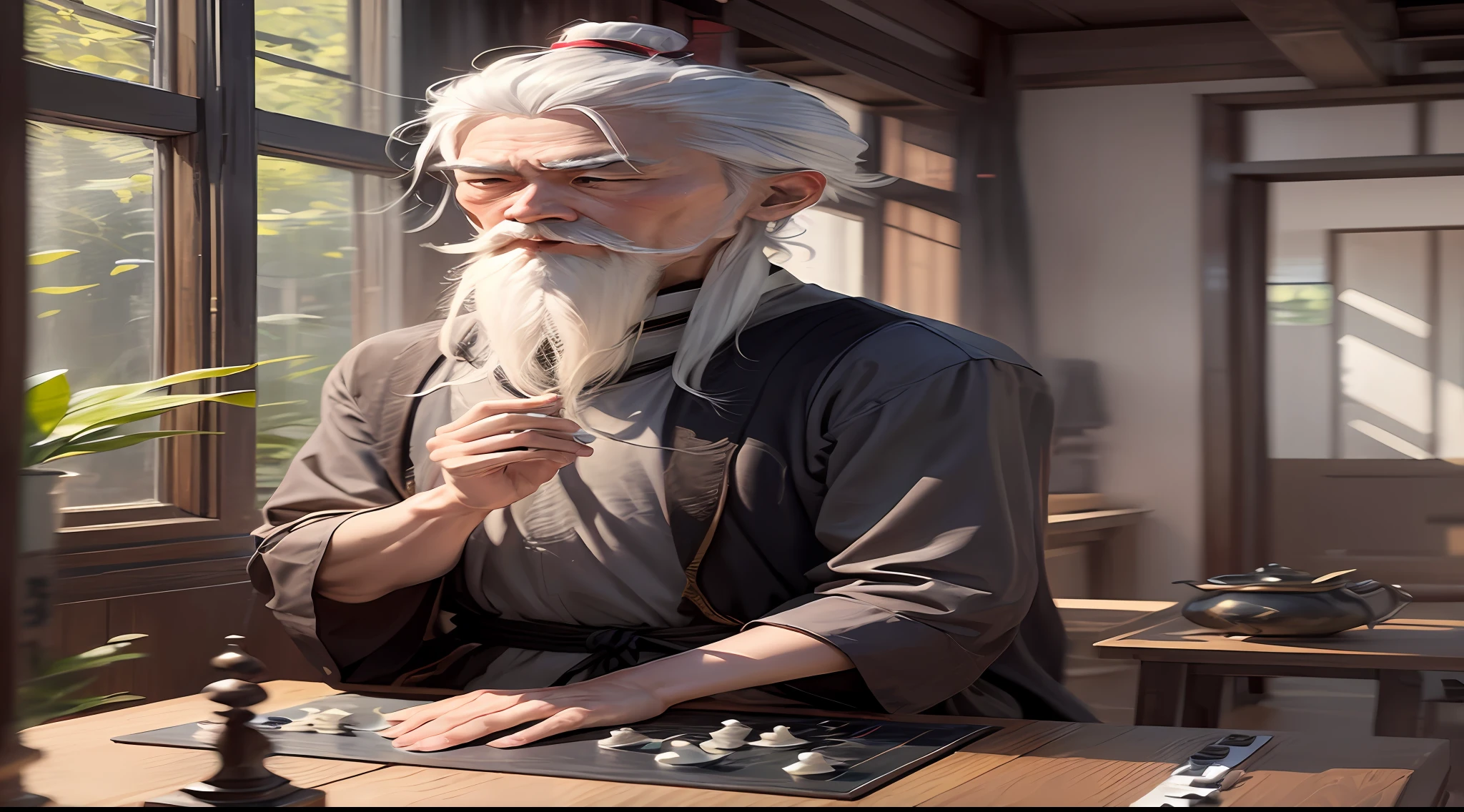1 man, he is a Chinese man,white haired Cangcang,Long white beard,Tunic,Sit behind the Go board,正面 --auto