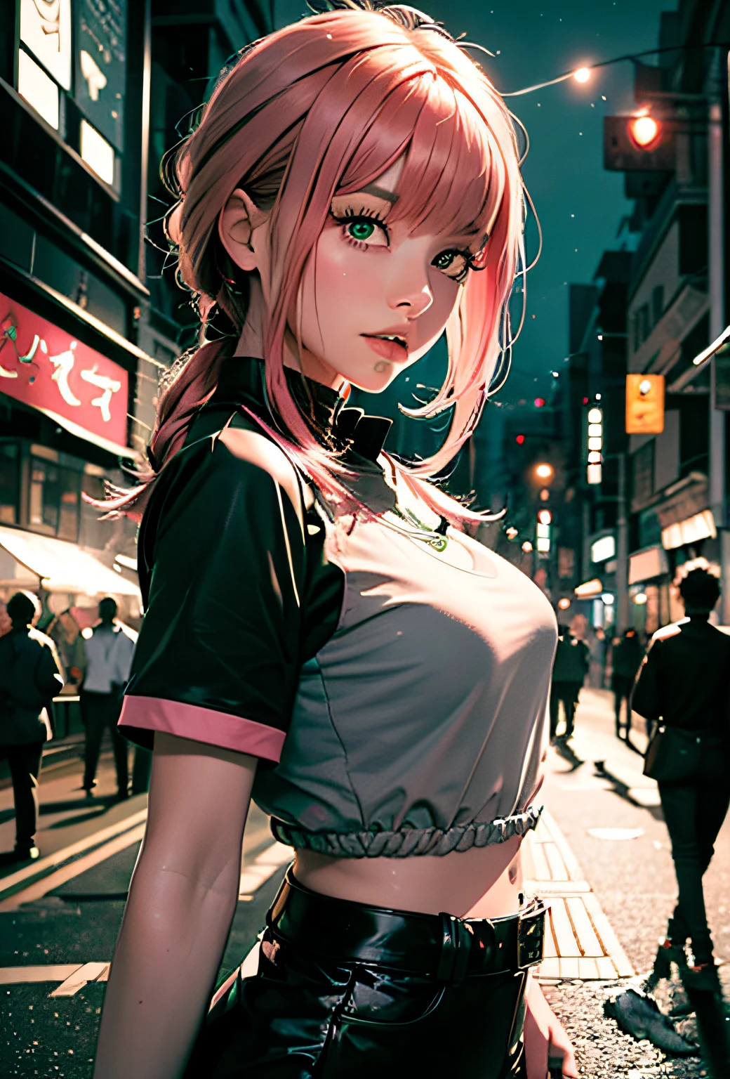 Black Pink ,Girl blouse Regatta with pink hair green eyes and a green , in the background Japanese city at night,next to a Lamborghini