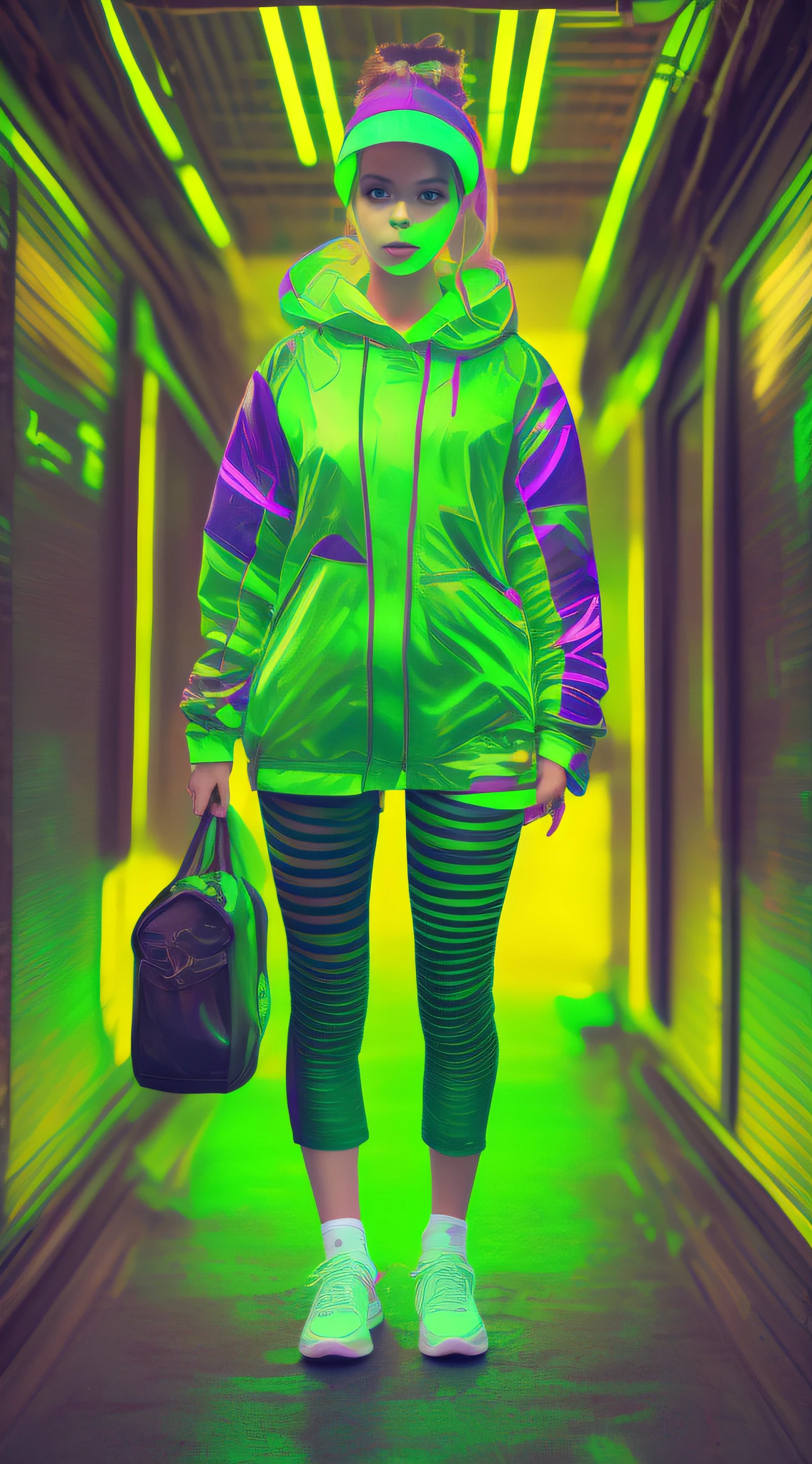 Cyberpunk Girl wearing a phosphorescent yellow green clothes and sneakers
