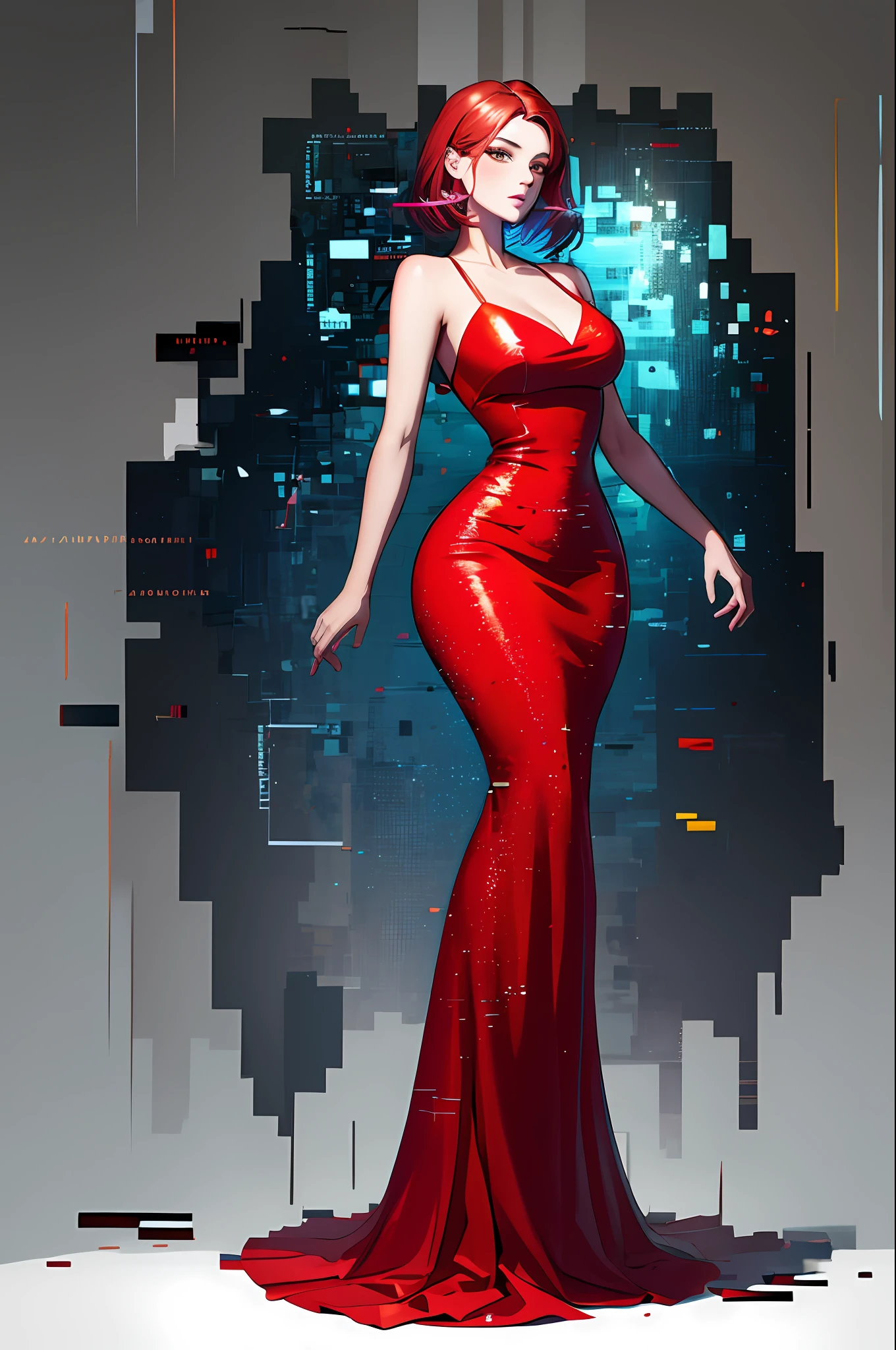 Beautiful woman, Highly detailed, High Quality, Masterpiece, beautiful, Glitching, glitch, solo, Girlfriend, red dress, full body, curvy body.