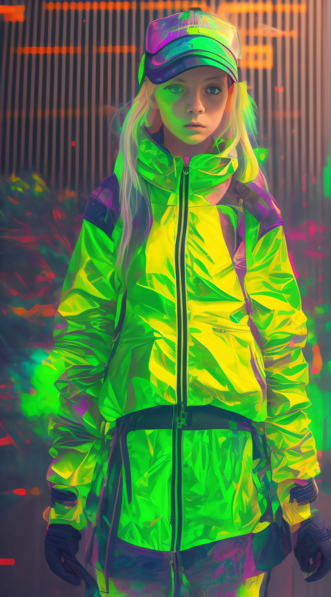 Cyberpunk Girl wearing a phosphorescent yellow green clothes and sneakers