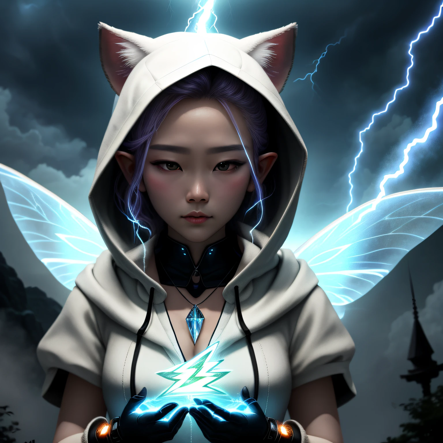 Asian fairy wearing silk hooded and glowing gloves,Lateral face,A collarless coat,Lightning hands,sunglasses,Cyberpunk smoke,(((nmasterpiece))),(((Best Quority))(Ultra-detailded)(illustration)(Detailed lighting)((unexpressive))(nmasterpiece)(Best Quority)(Ultra-detailded)(photorealestic),(Detailed light),((an extremely delicate and beautiful one),((faerie)),((lightning in hand)),Lightning surrounds the fairy,((lightning chain)),Suspended crystals,There is lightning inside the crystal,