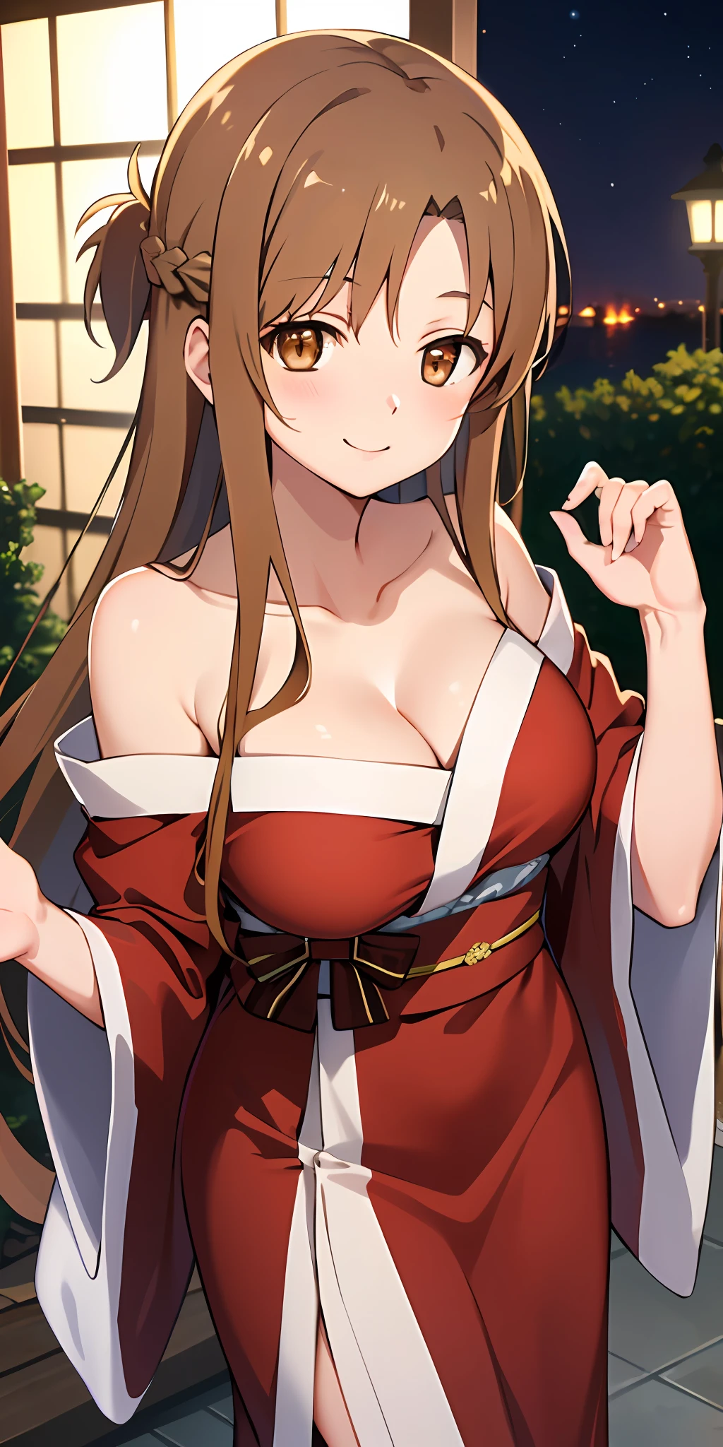 (Best quality:1.3), asuna yuuki, light brown hair, long hair, (brown eyes:2), large breasts, off-shoulder yukata, cleavage, blushing:1.2, night, smiling