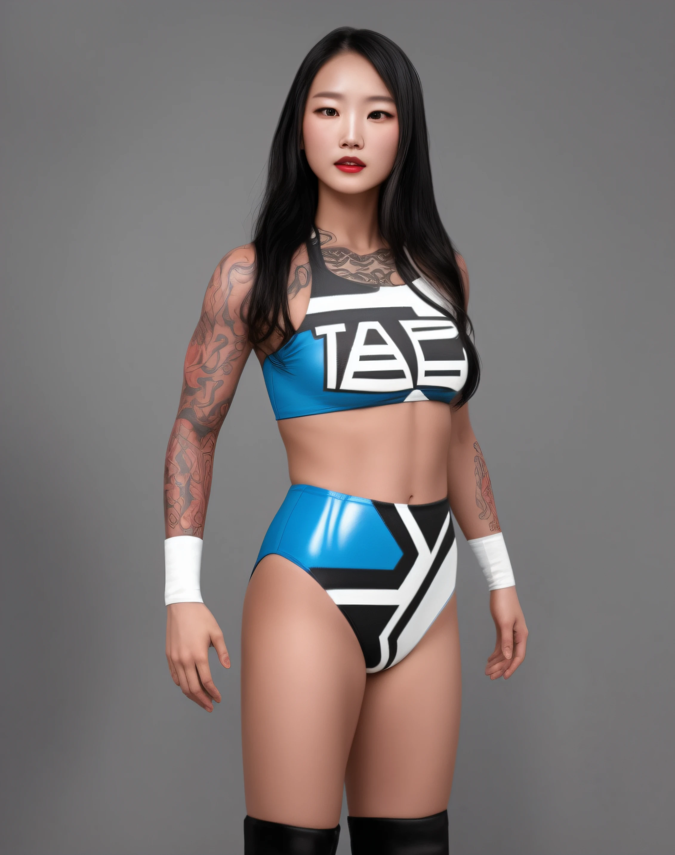 Chinese female wrestler covered in vibrant and loud dragon samurai and snake tattoos, in blue white and black geometric patterned sports bra that says "JADE", blue white and black geometric patterned high cut trunks, white wristbands, wearing lipstick, photo realistic, intricate details