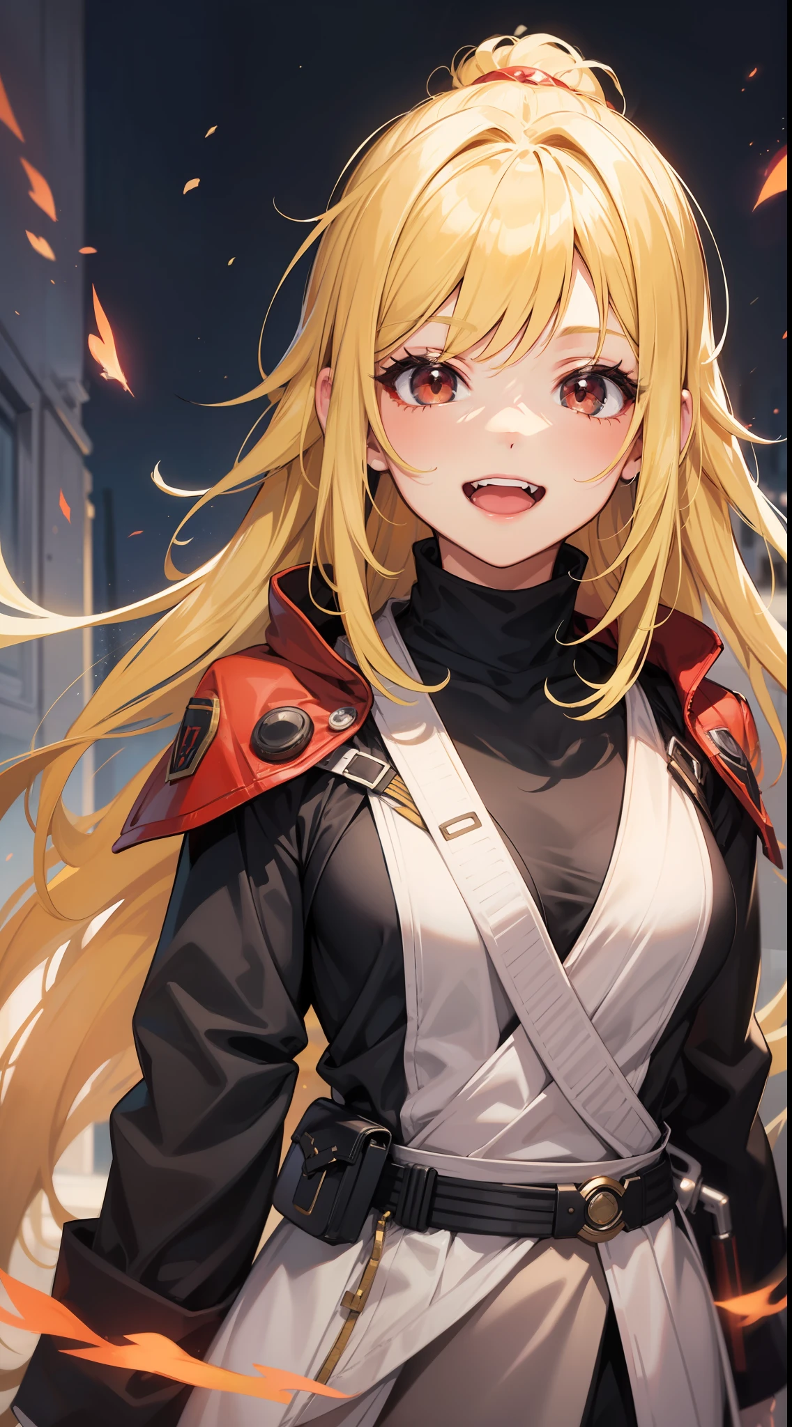young girl, long yellow hair, high ponytail, red eyes, open Jedi form, Smile, open mouth, Masterpiece, high qulity