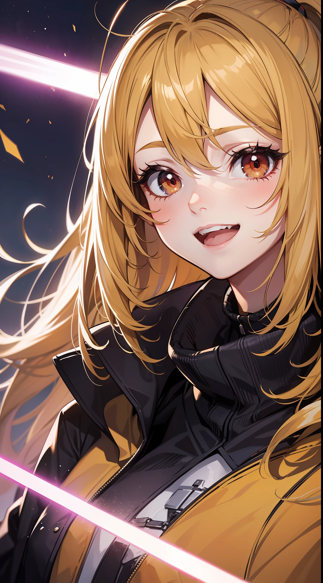 young girl, long yellow hair, high ponytail, red eyes, open Jedi form, Smile, open mouth, Masterpiece, high qulity