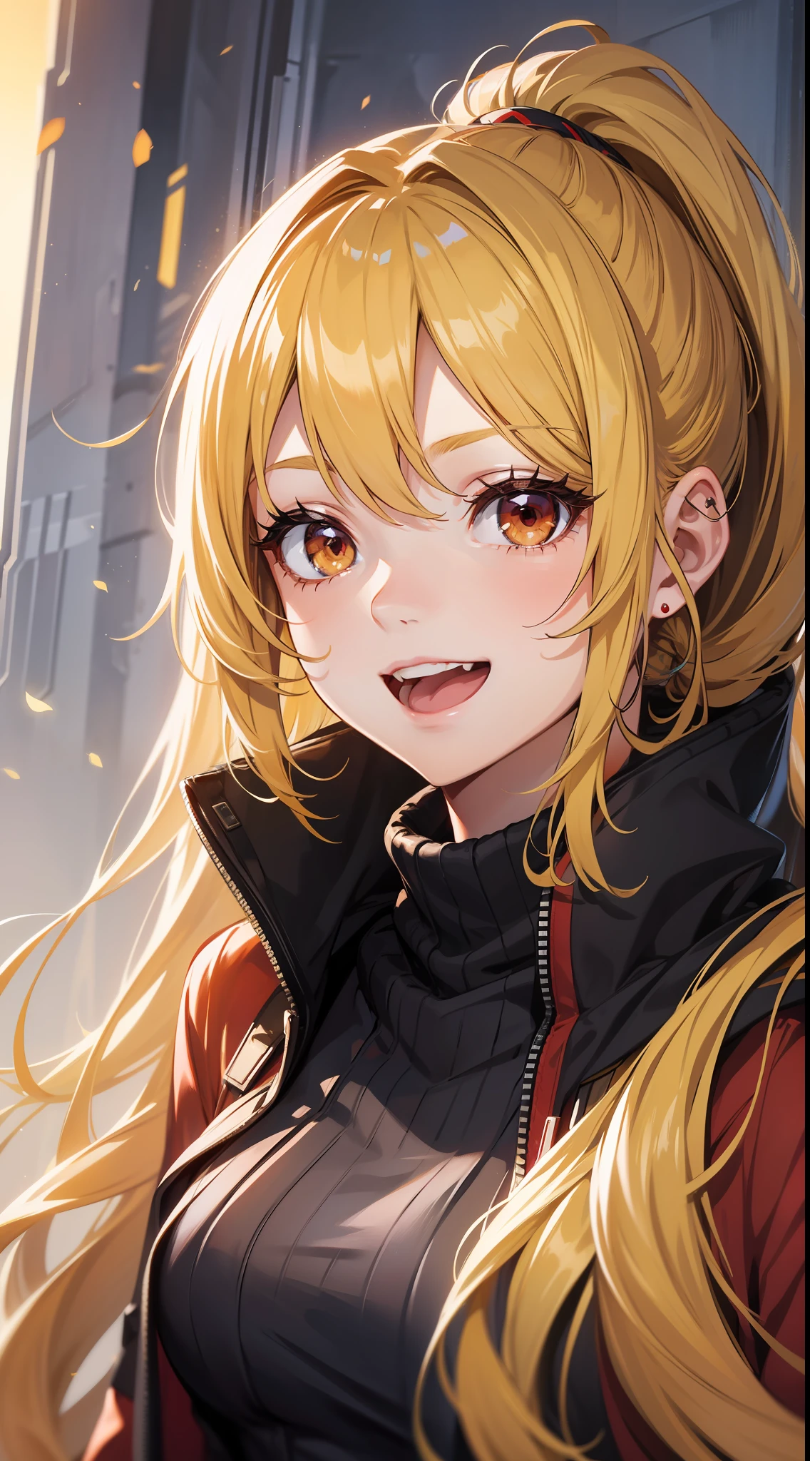 young girl, long yellow hair, high ponytail, red eyes, open Jedi form, Smile, open mouth, Masterpiece, high qulity