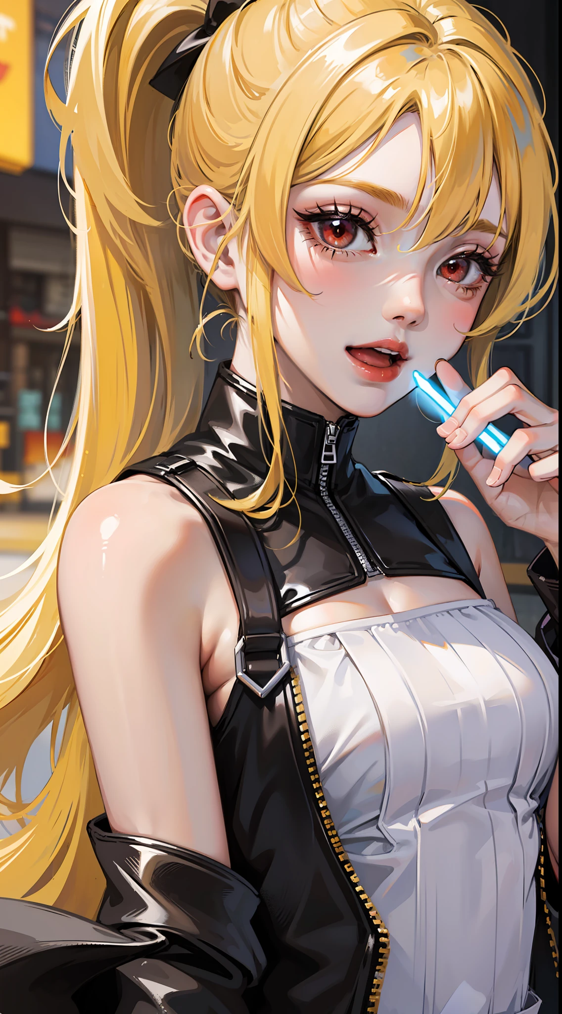young girl, long yellow hair, high ponytail, red eyes, open Jedi form, Smile, open mouth, Masterpiece, high qulity