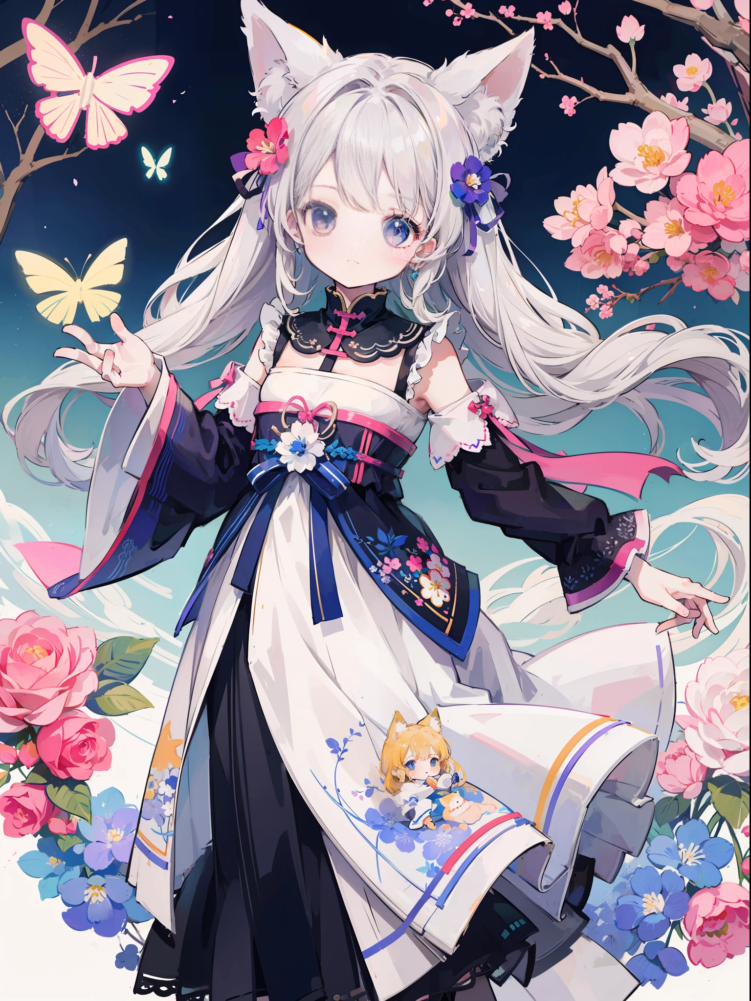 Anime Pictures。Bright and pretty shades。A cute woman with cat ears of about 18 years old is turning around cutely.。Clothing designed in the image of Hungarian national costume。Flowers are fluttering。Flat cute pattern in the background。Extremely high quality、Extremely high image quality、Maste Piece、Best-aesthetic