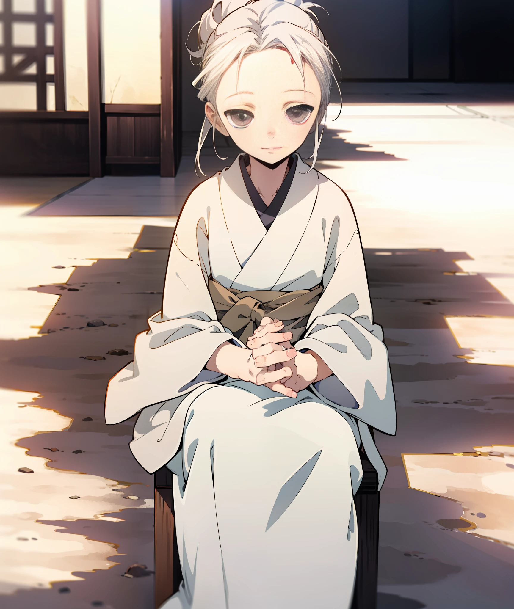 1girl, grey eyes, white hair, small scars, human, grey kimono, soft smile, calm, kind, hair up, hair in bow, sitting, calm, peaceful