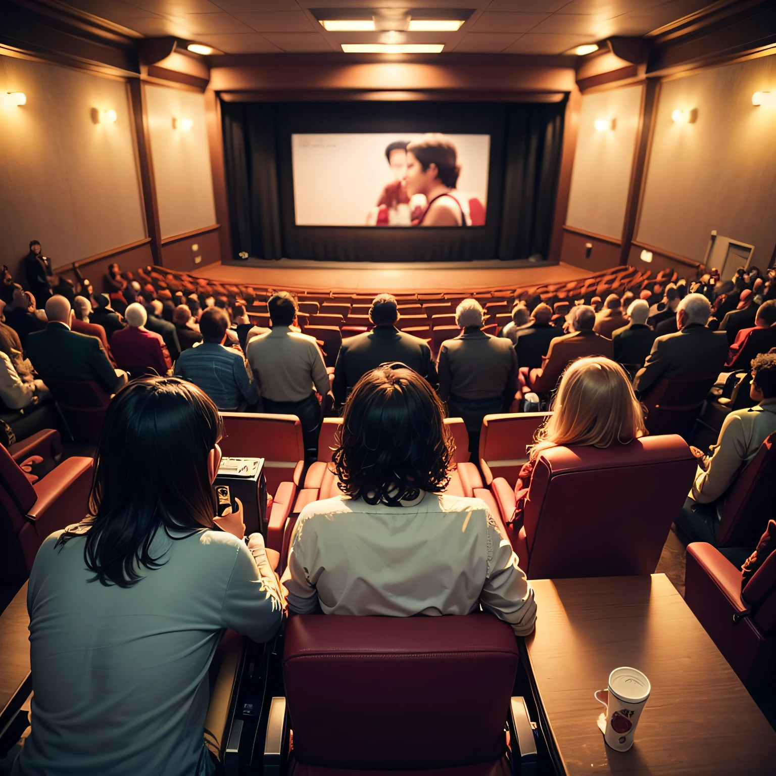 Men, man asian；women and children in the cinema，Sit in a red seat，Eat popcorn and watch a movie，Many people sit in the cinema and watch movies, sitting in a movie theater, in a cinema, cinema, cinematic movie image, cinematic movie scene, award-winning cinema, photo of the cinema screen, Movie,Look down from the back of the view，Several men raised their hands and cheered,Broad cinematic vision CG --auto