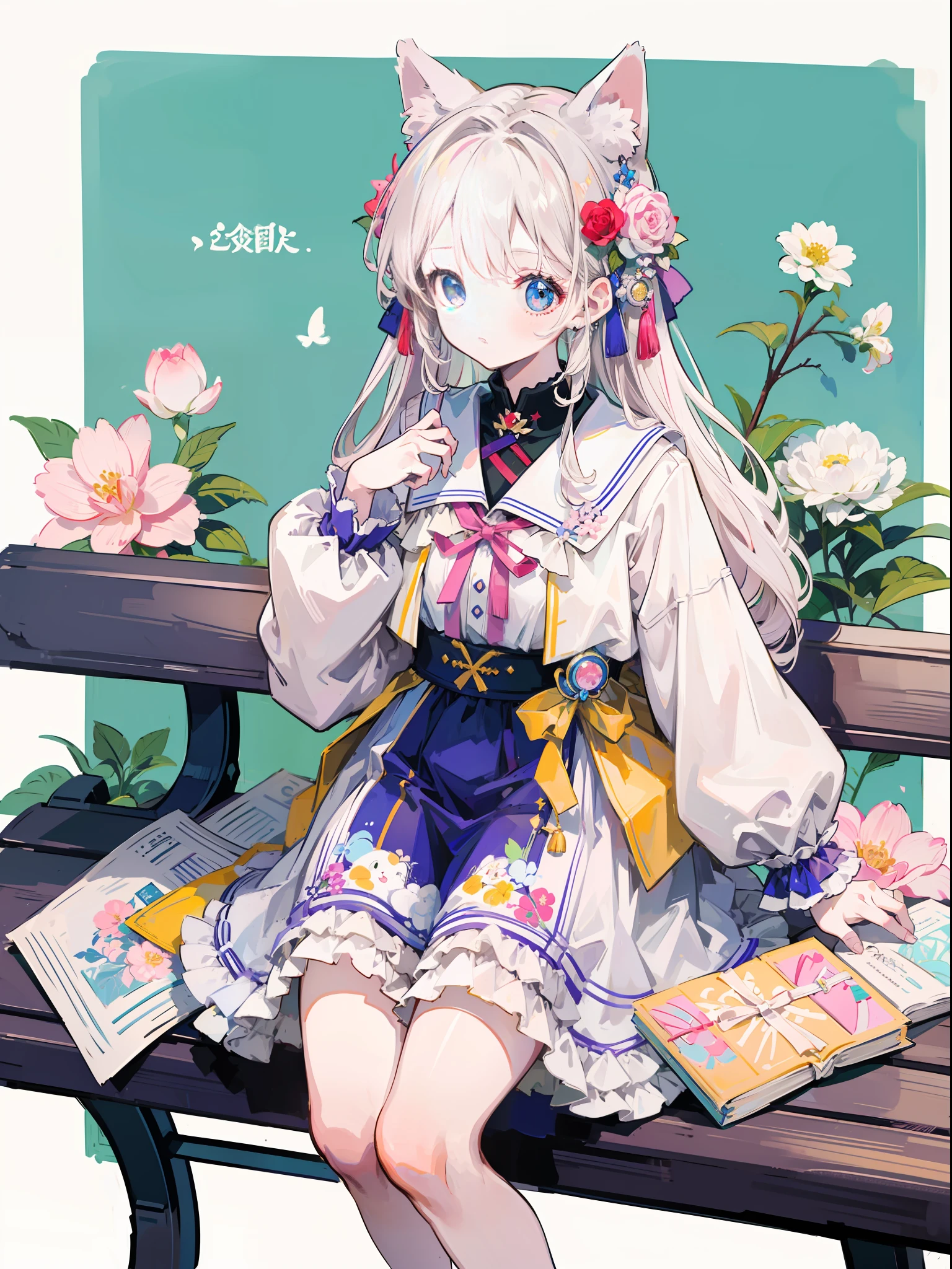 Anime Pictures。Bright and pretty shades。Cute woman with cat ears about 18 years old sitting on a bench。Clothing designed in the image of Hungarian national costume。mini-skirts。Flowers are fluttering。Cute geometric pattern background。Extremely high quality、Extremely high image quality、Maste Piece、Best-aesthetic