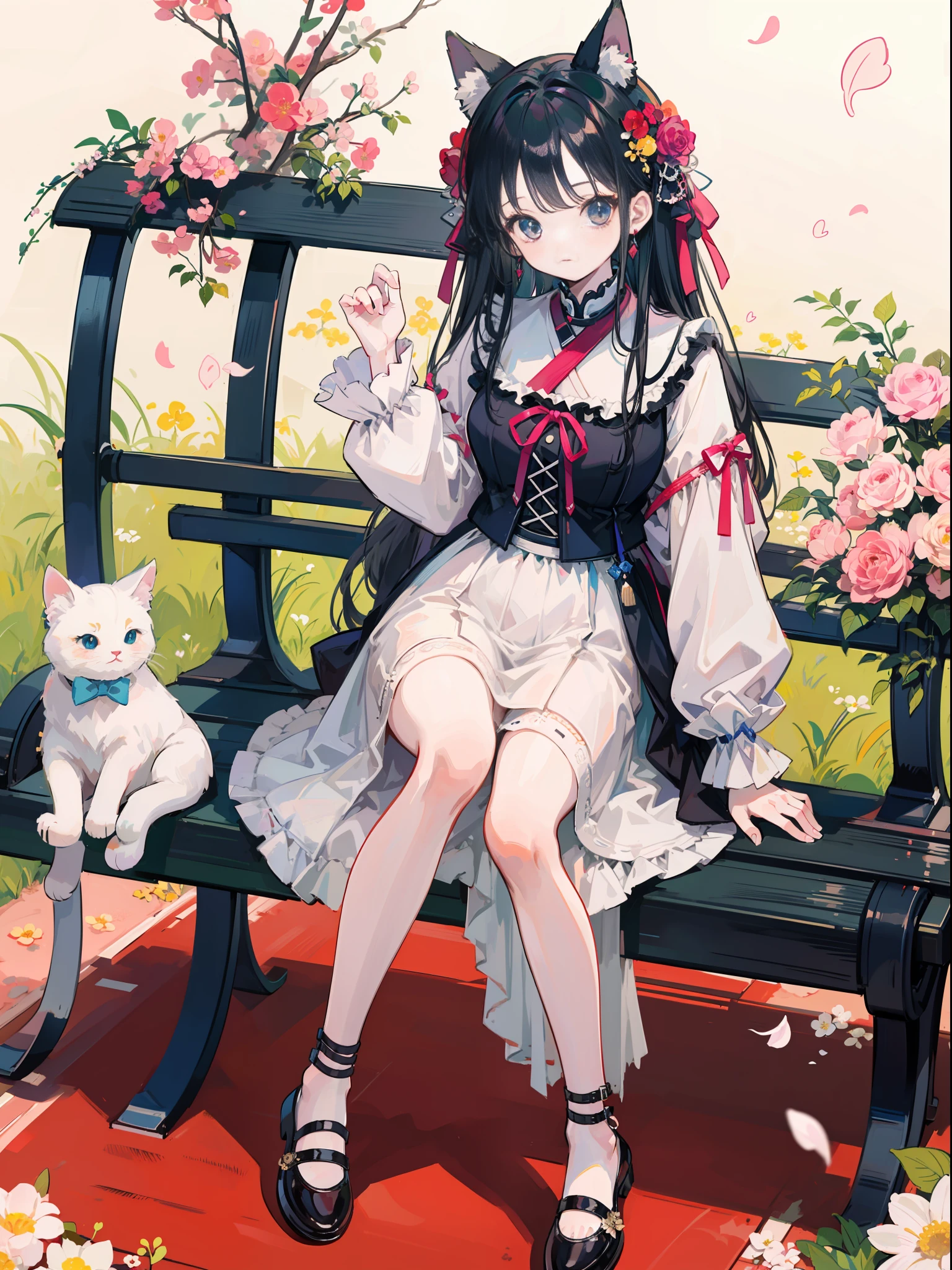 Anime Pictures。Bright and pretty shades。Cute woman with cat ears about 18 years old sitting on a bench。Clothing designed in the image of Hungarian national costume。mini-skirts。Flowers are fluttering。Cute geometric pattern background。Extremely high quality、Extremely high image quality、Maste Piece、Best-aesthetic
