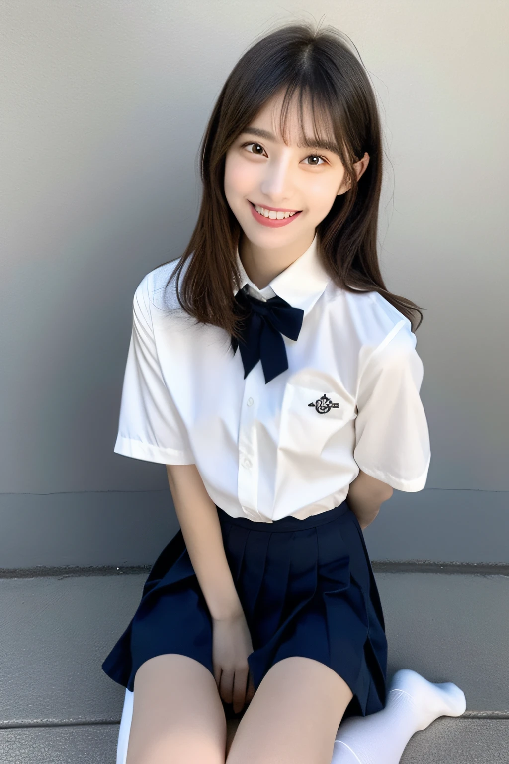 (Raw photo, Best Quality), (Realistic, photoreallistic:1.3), Maste Piece, extreamly delicate and beautiful, Extremely detailed, amazing, finely detail, Light Smile, very detailed CG Unity 8K wallpapers, huge filesize, Ultra-detailed, A high resolution, Dramatic, Delicate and beautiful schoolgirl, Sheer white shirt, navy blue ribbon collar, Dark blue pleated micro mini, Pink lingerie, Sexy, Smile, peeking at viewer, Beautiful graphics, Bright school building, Full of students, showing your whole body, Sitting, Squatting, White socks,