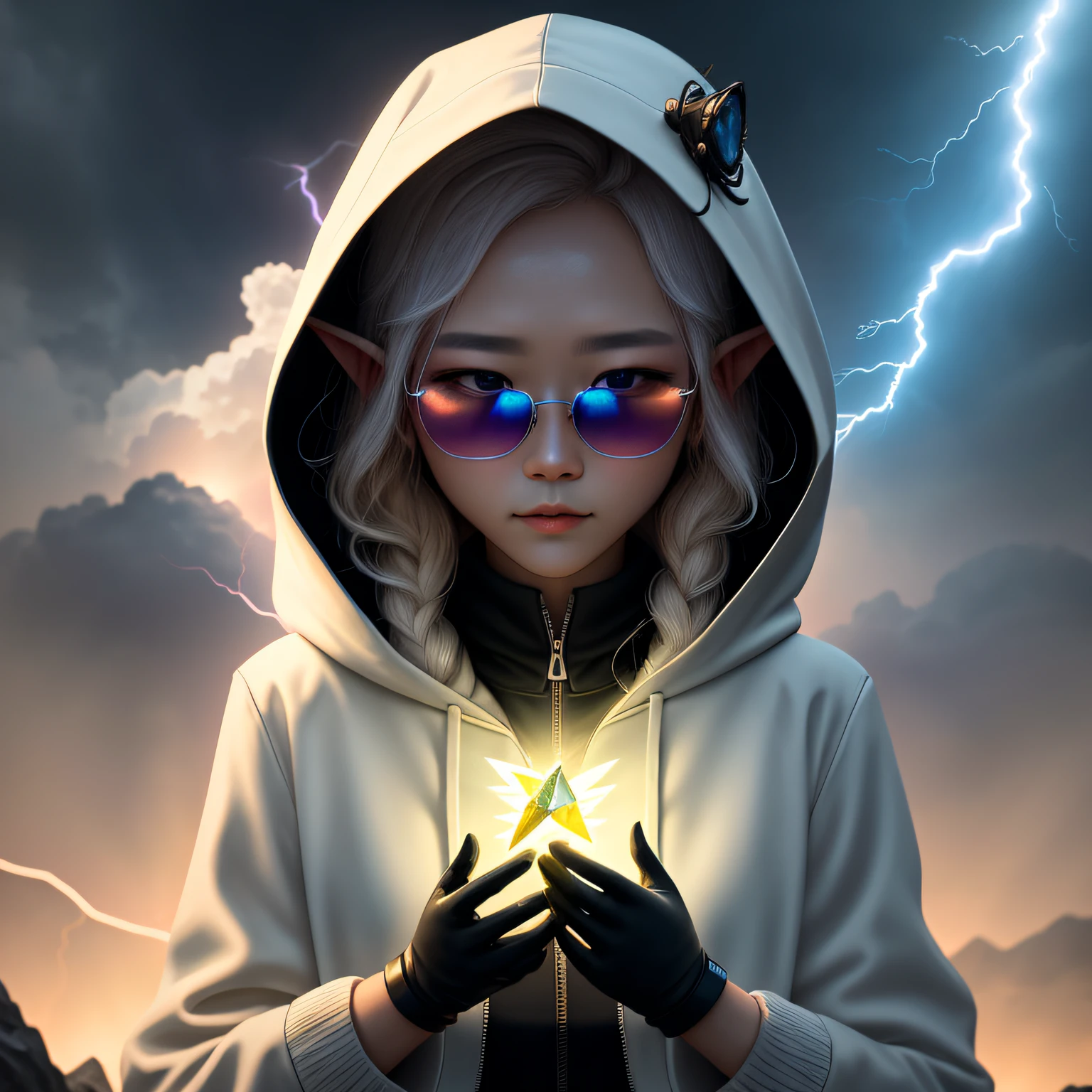 Asian fairy wearing silk hooded and glowing gloves，Lateral face，A collarless coat，Lightning hands，sunglasses，Cyberpunk smoke，（（（nmasterpiece））），（（（Best Quority））（Ultra-detailded）（illustration）（Detailed lighting）（（unexpressive））（nmasterpiece）（Best Quority）（Ultra-detailded）（photorealestic），（Detailed light），（（an extremely delicate and beautiful one），（（faerie）），（（lightning in hand）），Lightning surrounds the fairy，（（lightning chain）），Suspended crystals，There is lightning inside the crystal，