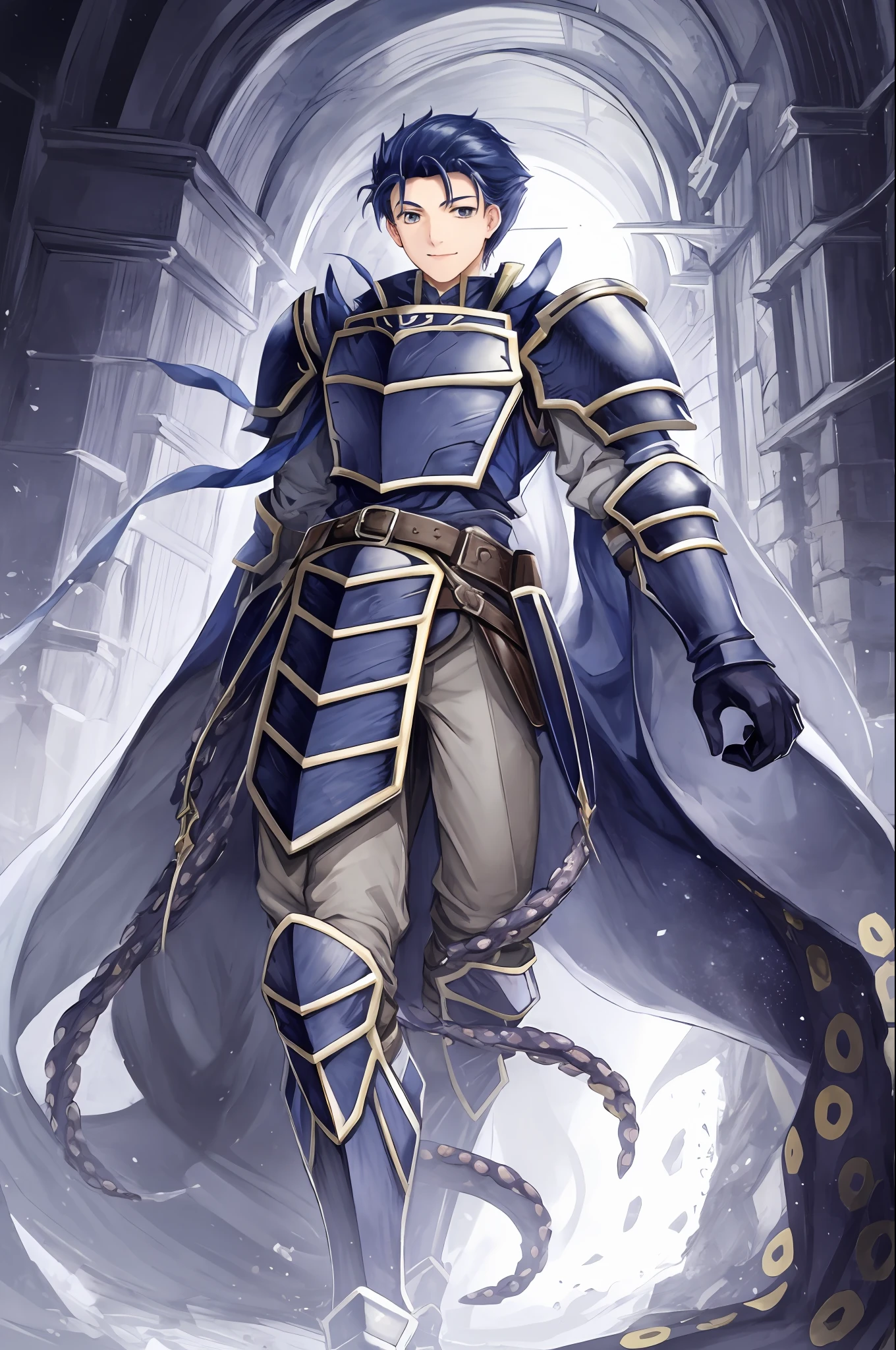 Hector Fey， 独奏， looking ath the viewer， smil， mitts， 1boys， Male focus，Tentacles wrapped around thighs（Octopus tentacles are stuffed into the mouth）， cloaks， Armour， Shoulder armor， Castle view