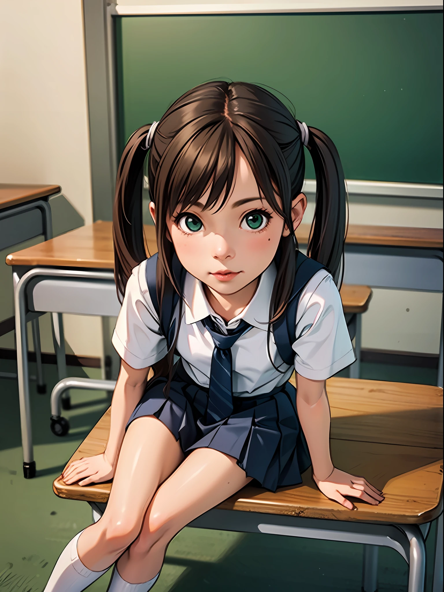 (masterpiece), best quality, beautiful detailed hair detailed face, 1 little girl, solo, full-body portrait, dutch shot, perfect feminine face, very cute little girl, sitting on the classroom desk, chesnut brown hair, short twintails, green eyes, school uniform