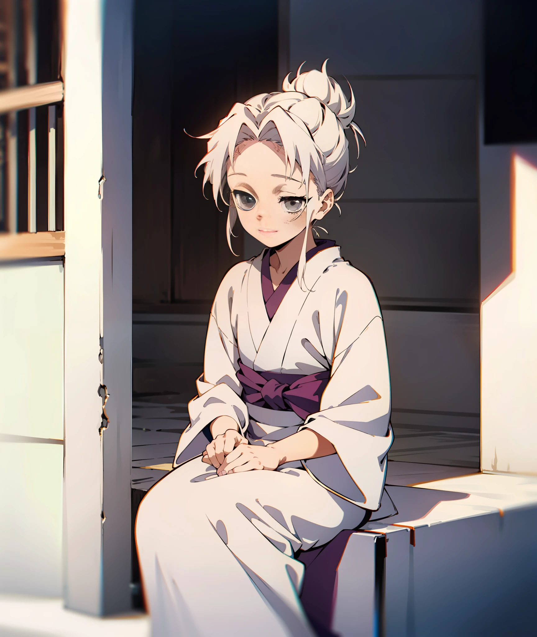 1girl, grey eyes, white hair, small scars, human, grey kimono, soft smile, calm, kind, hair up, hair in bow, sitting, calm, peaceful