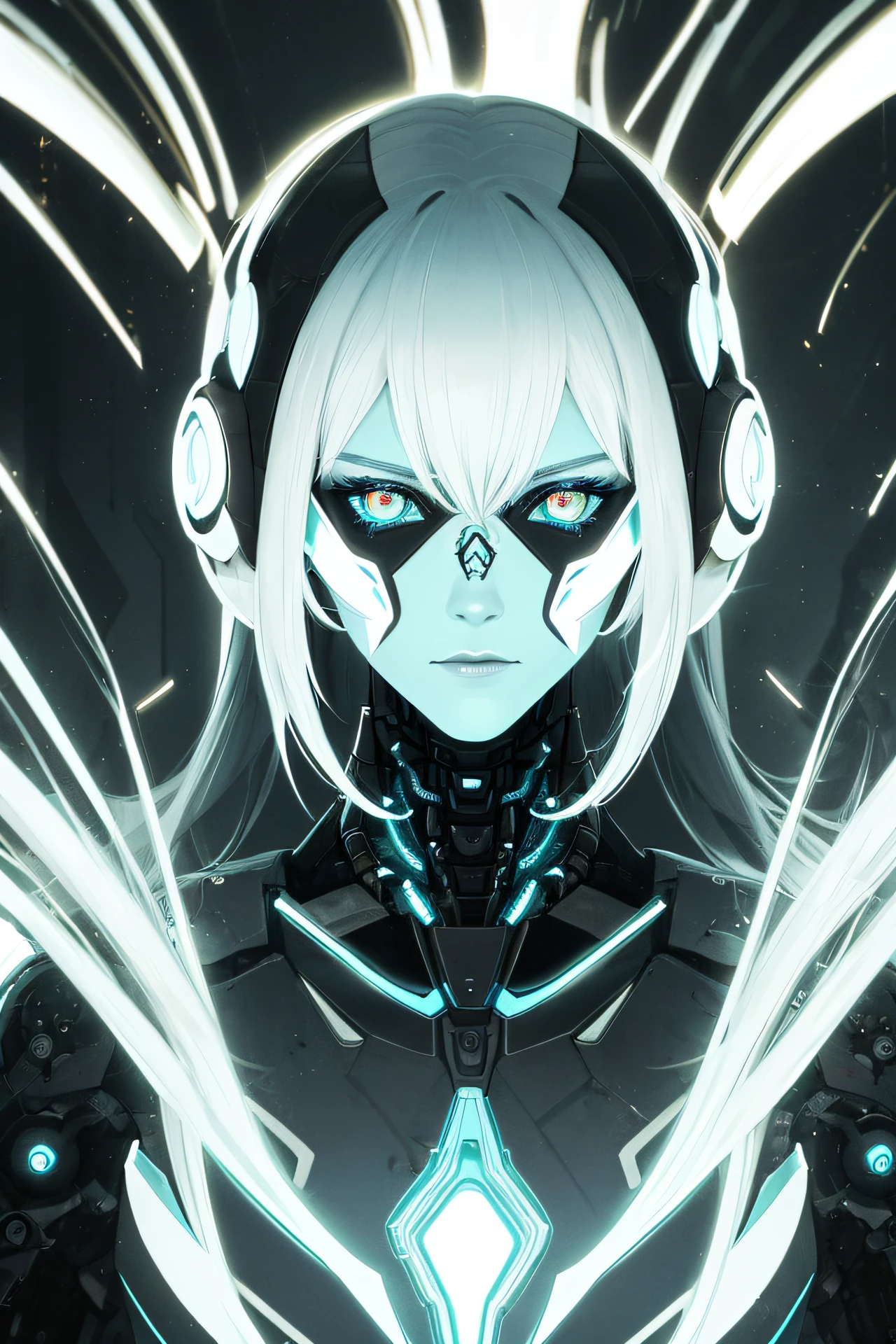 "Image Type: Concept Art.
Subject: A futuristic cybernetic woman deity. Her face is concealed behind a high-tech mask, embodying a sense of divine mystery. Her form is a fusion of organic and synthetic elements, creating an enigmatic figure of the future.
Art Style: Futuristic cybernetic with fine details, creating a surreal blend of human and machine. The environment around her is dark, contrasting her luminous, electrified elements. Bright neon tones highlight her intricate features, emphasizing her divine and ethereal presence."