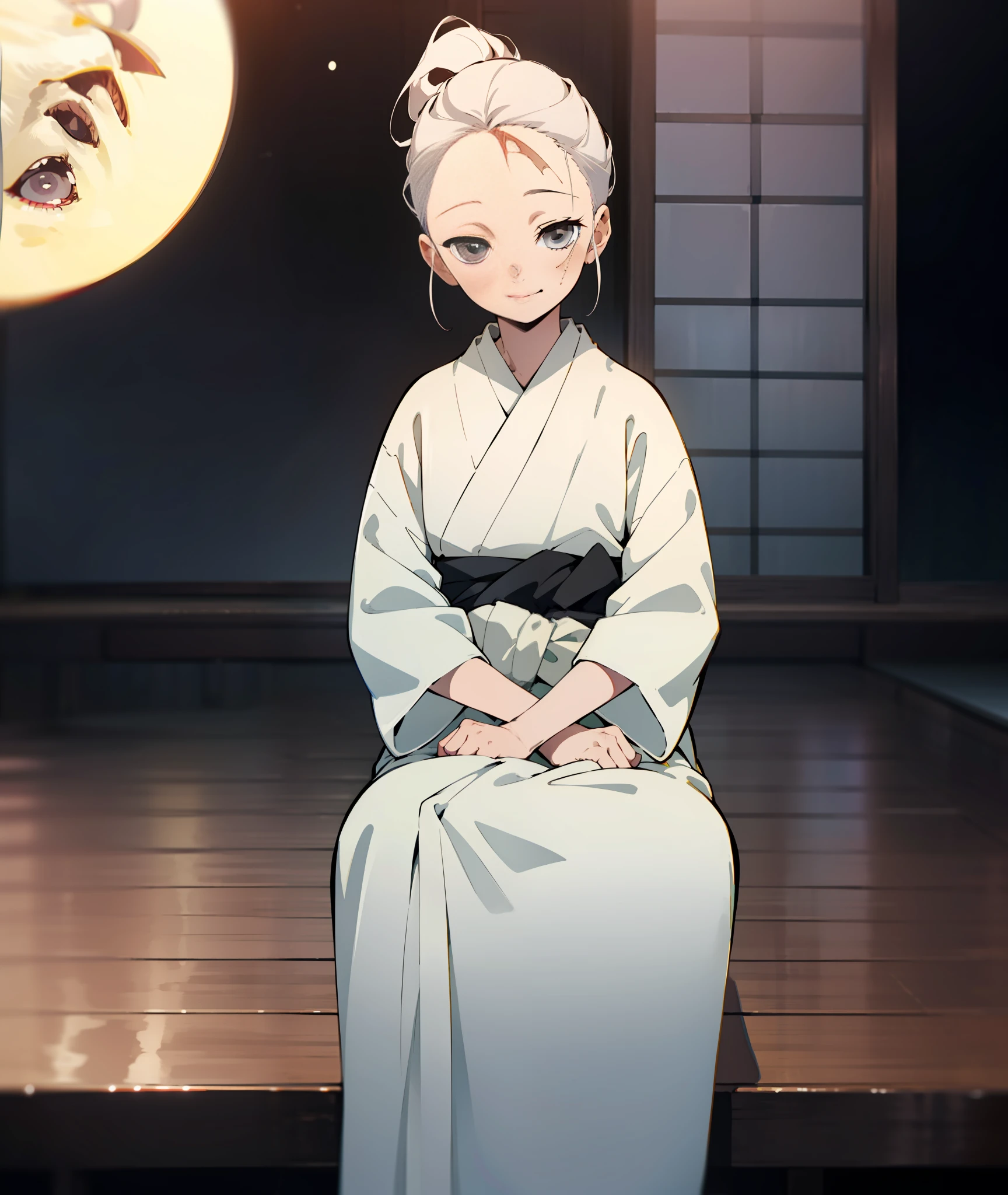 1girl, grey eyes, white hair, small scars, human, grey kimono, soft smile, calm, kind, hair up, hair in bow, sitting, calm, peaceful