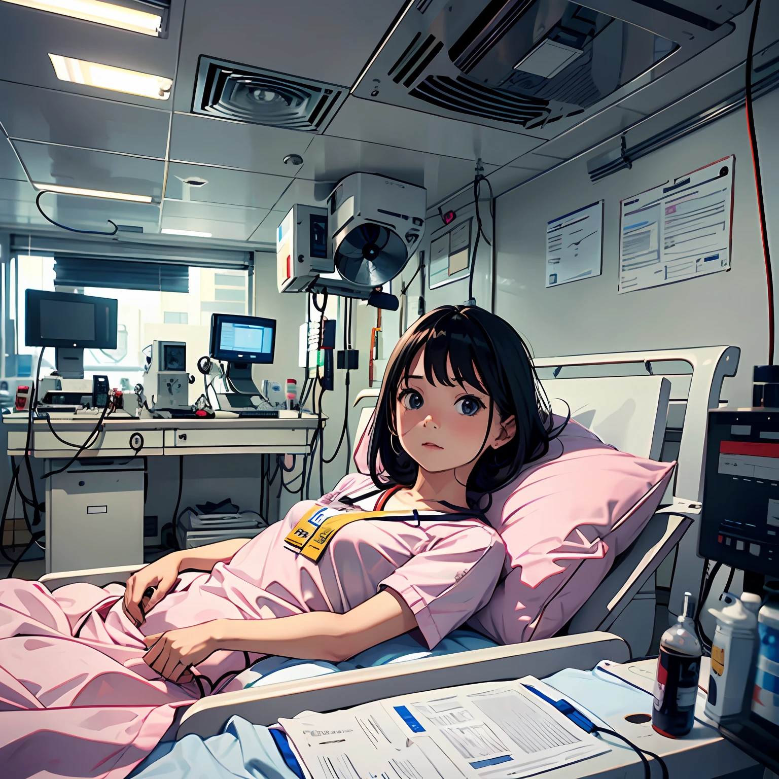 State-of-the-art operating room，A little girl，Lying in a hospital bed，Many nurses，Many doctors