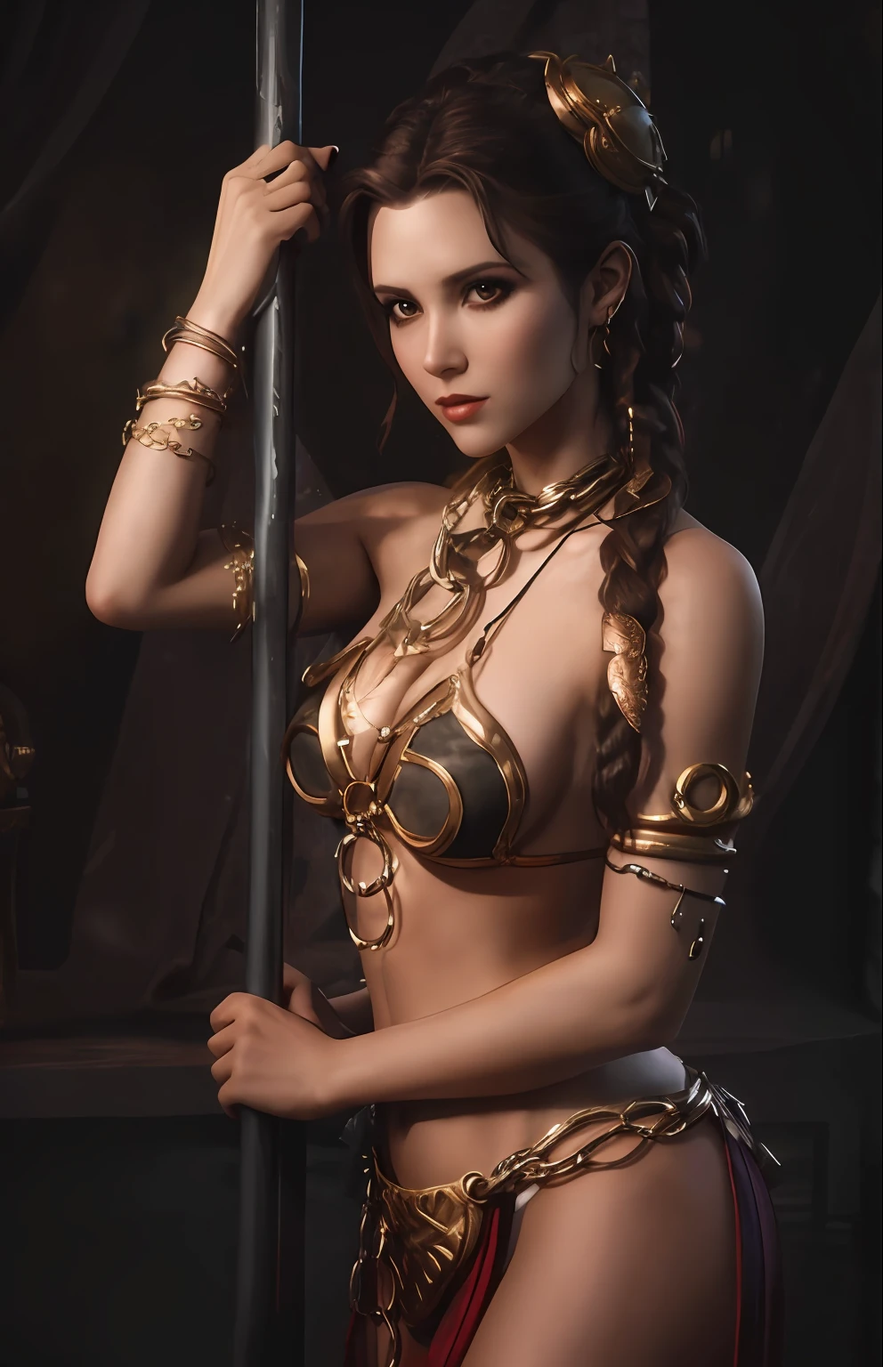 a woman in a bikini sitting on a couch with chains around her neck, Princesa Leer, cosplay glamuroso, Elegante cosplay glamuroso, arab princess, Hermosa diosa, hermosa figura, pose muy seductora, epic 3 d oshun, cinematic goddess body shot, seductora pose sentada, Padme Amidala, Obra maestra de CGsociety, Regal Pose, Diosa joven, en su trono