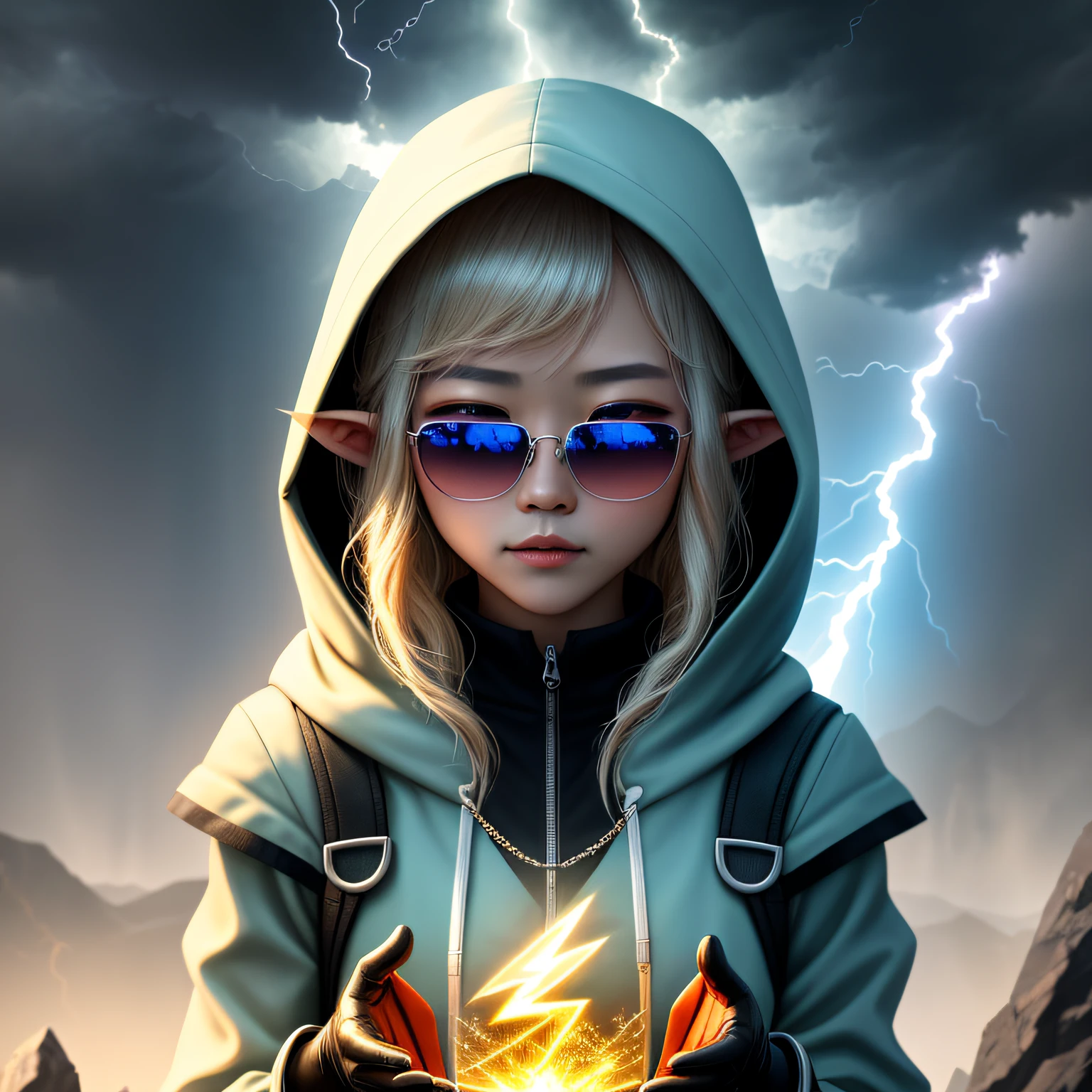 Asian fairy wearing silk hooded and glowing gloves，Lateral face，A collarless coat，Lightning hands，sunglasses，Cyberpunk smoke，（（（nmasterpiece））），（（（Best Quority））（Ultra-detailded）（illustration）（Detailed lighting）（（unexpressive））（nmasterpiece）（Best Quority）（Ultra-detailded）（photorealestic），（Detailed light），（（an extremely delicate and beautiful one），（（faerie）），（（lightning in hand）），Lightning surrounds the fairy，（（lightning chain）），Suspended crystals，There is lightning inside the crystal，