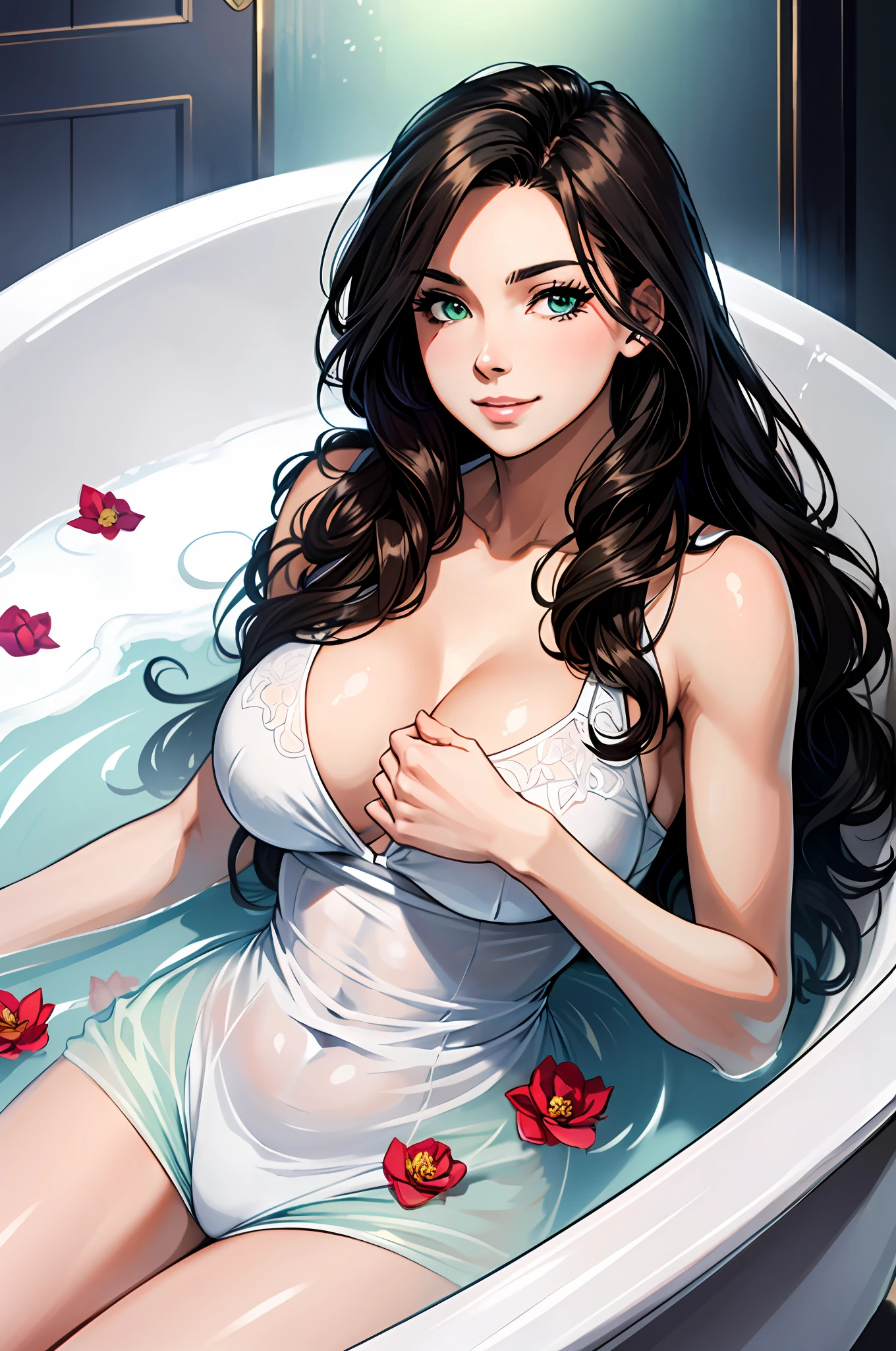 (((A young woman))), the anime, Green eyes, (black hair), Nice face, a smile, the perfect body, Wavy Hair, Long hair, (((brunette woman))), big breastes, ((巨作, 最好质量)), illustration, ультра детализированная 8k, Photorealistic, sharp-focus, Heavily detailed, Professional lighting, colorful details, Rainbow colors, Glowing, intricate detail, bright details, Large bathtub,  Bath with white milk yogurt, rose petals, strawberries