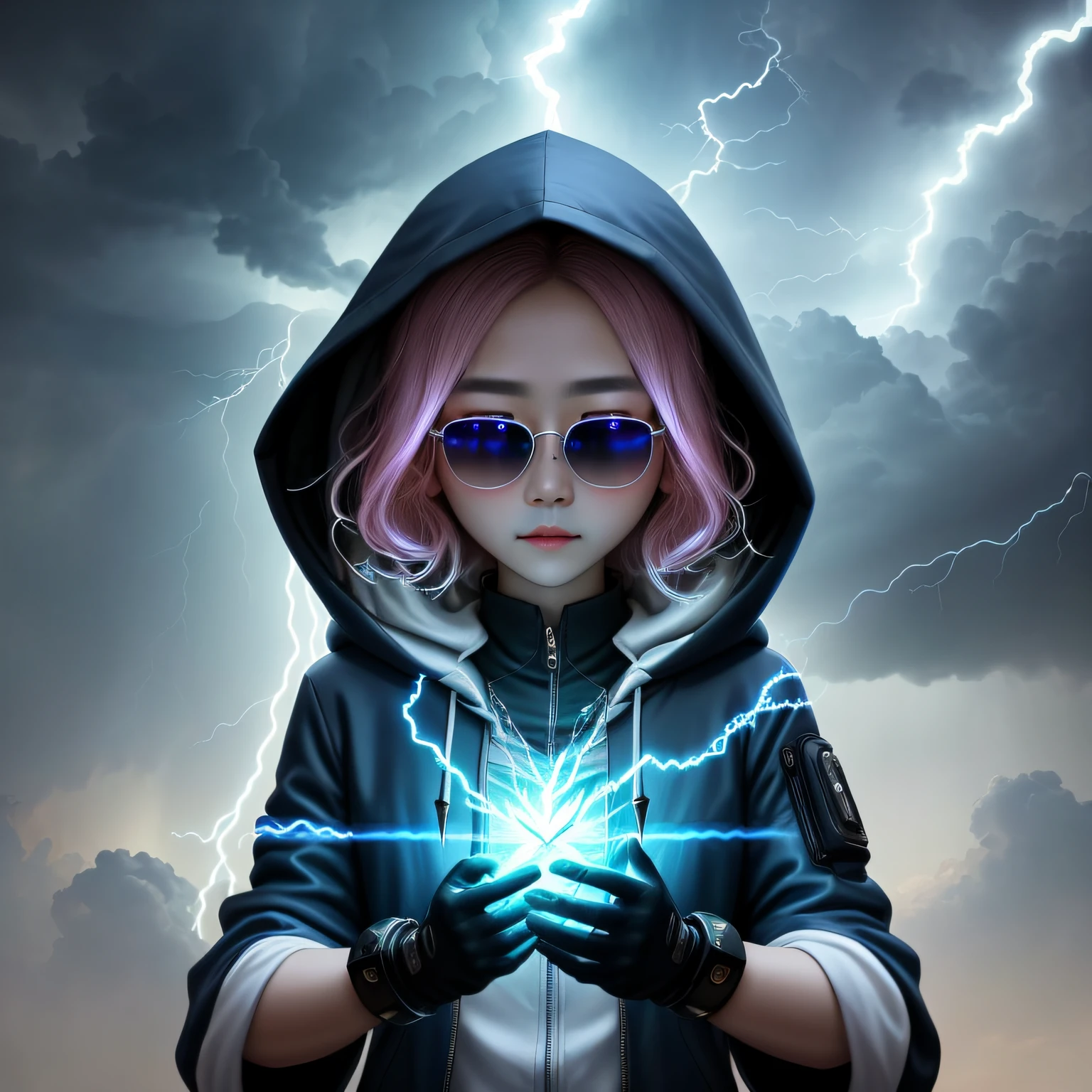 Asian fairy wearing silk hooded and glowing gloves,Lateral face,A collarless coat,Lightning hands,sunglasses,Cyberpunk smoke,(((nmasterpiece))),(((Best Quority))(Ultra-detailded)(illustration)(Detailed lighting)((unexpressive))(nmasterpiece)(Best Quority)(Ultra-detailded)(photorealestic),(Detailed light),((an extremely delicate and beautiful one),((faerie)),((lightning in hand)),Lightning surrounds the fairy,((lightning chain)),Suspended crystals,There is lightning inside the crystal,