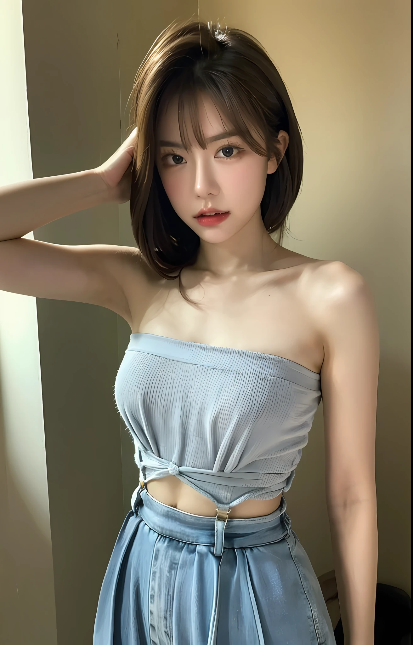 Best Quority, masterpaintings, ultra-high-resolution, (realisticlying:1.4), OriginalPhoto, 1girl, (Black market suspender bandeau), ((smallbreast)), cold light