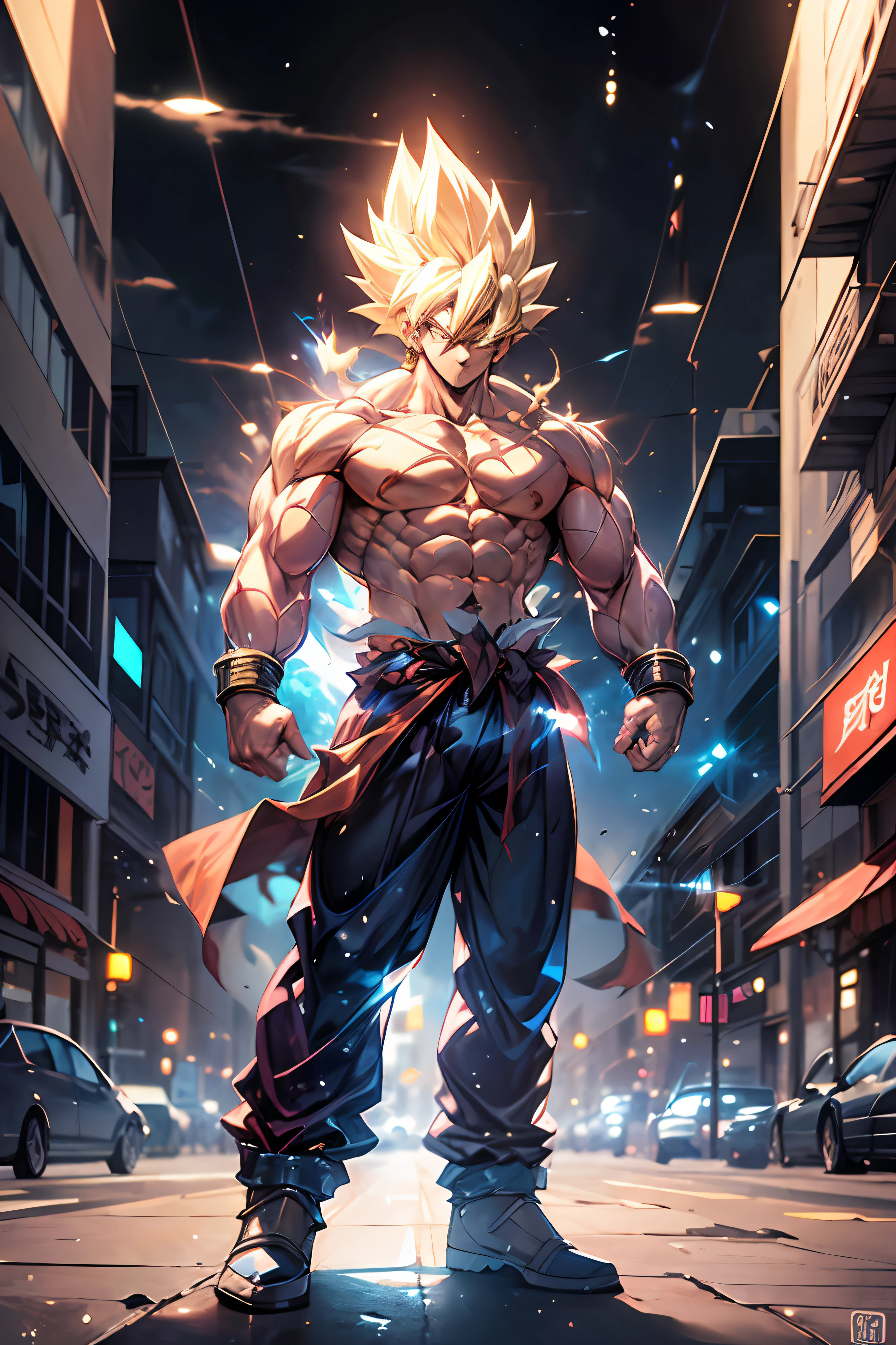 1 boy,((full body:1.2)),(stand),SAIYA,(looking at viewer),(white eye:1.2),super saiyan,(glowing hair:1.2),(urban setting:1.3),(male focus:1.1),(male muscles:1.1),(big muscle:1.1),(pectoral:1.1),(abdominal muscle:1.1),(upper body nudity:1.1),
